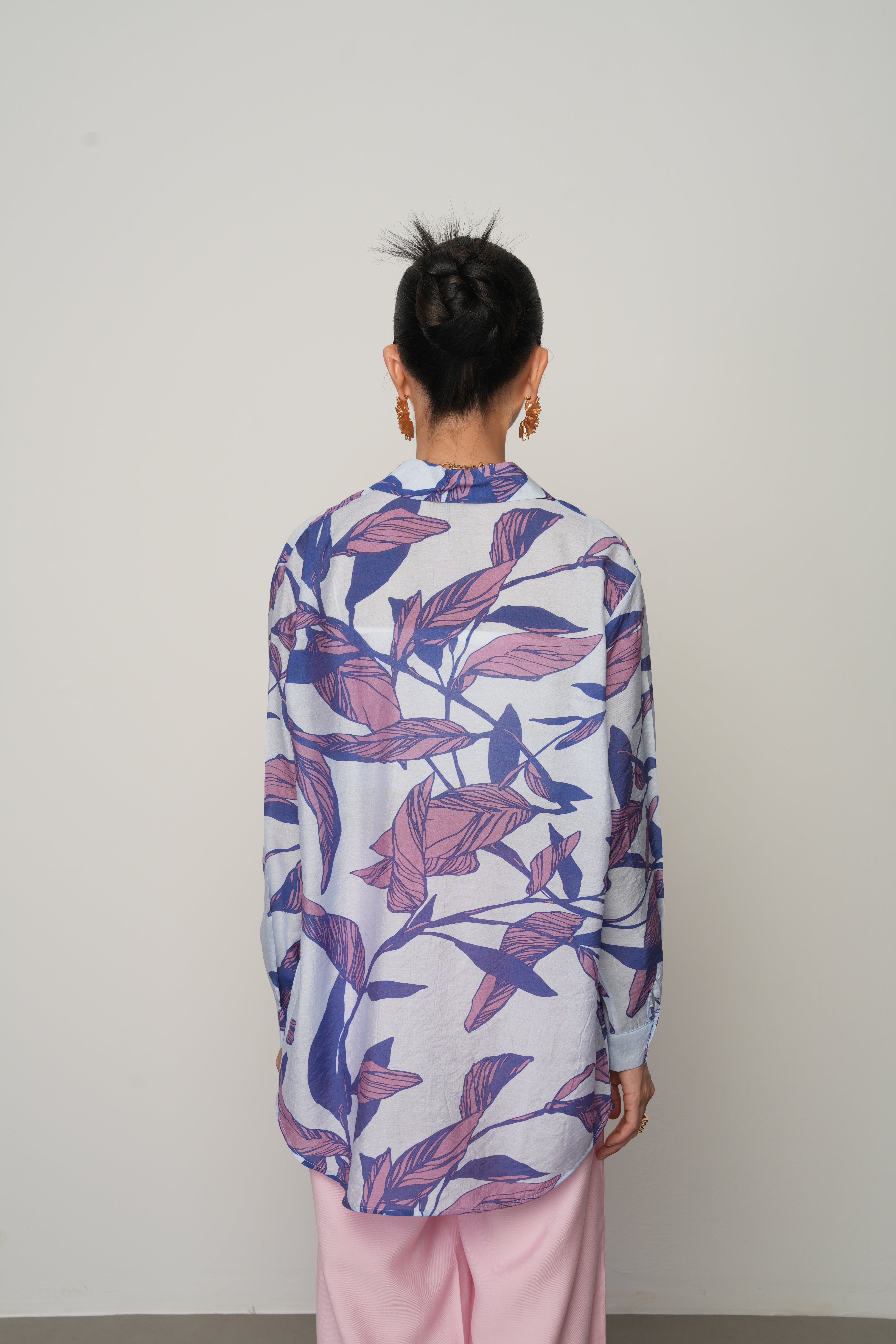 Oversize Çiçek Desenli Gömlek - Hafif İnce Gömlek | 34552