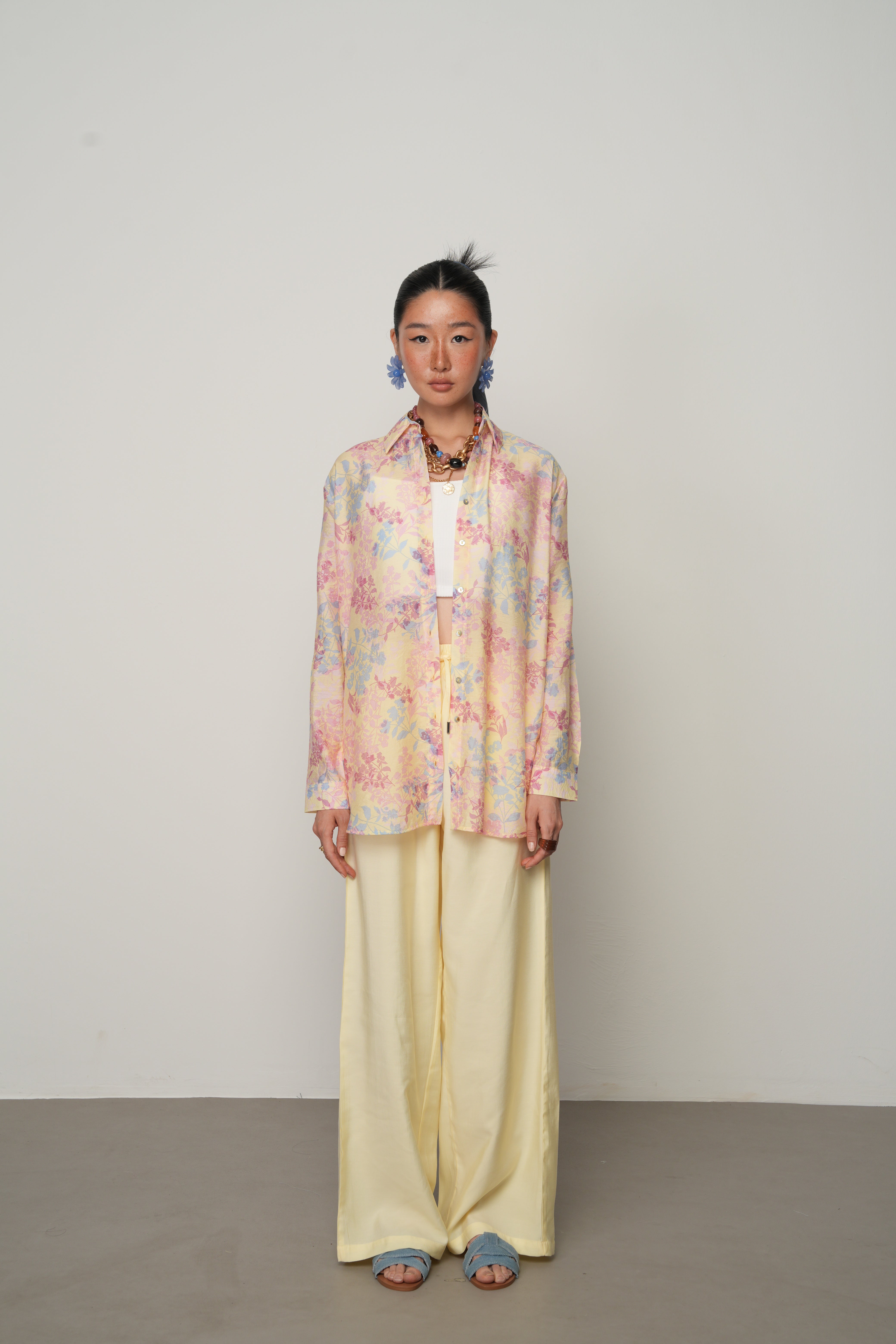 Çiçek Desenli Oversize Kalıp Transparan Gömlek - 34553
