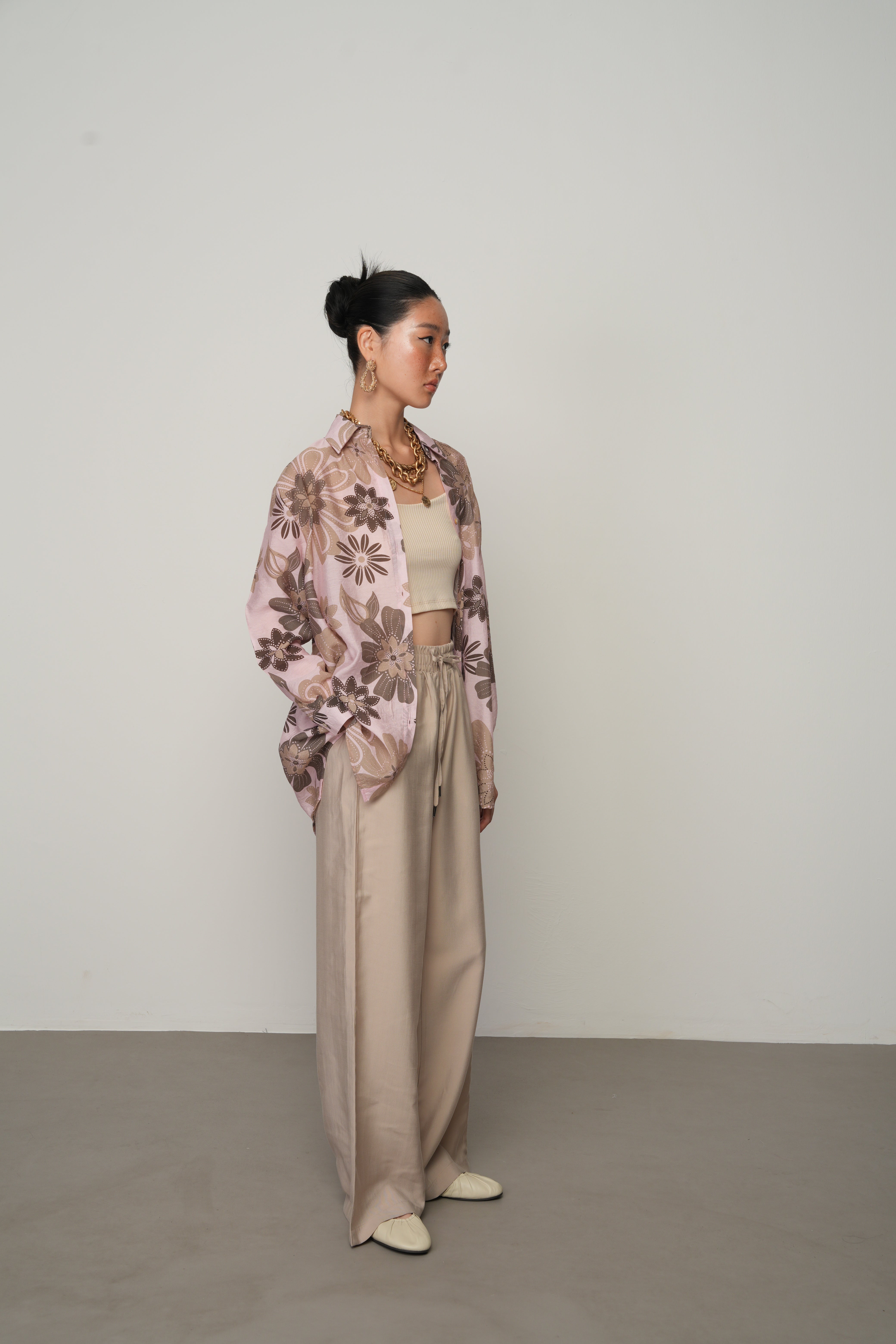 Oversize Kalıp Çiçek Desenli Pembe Gömlek - 34554