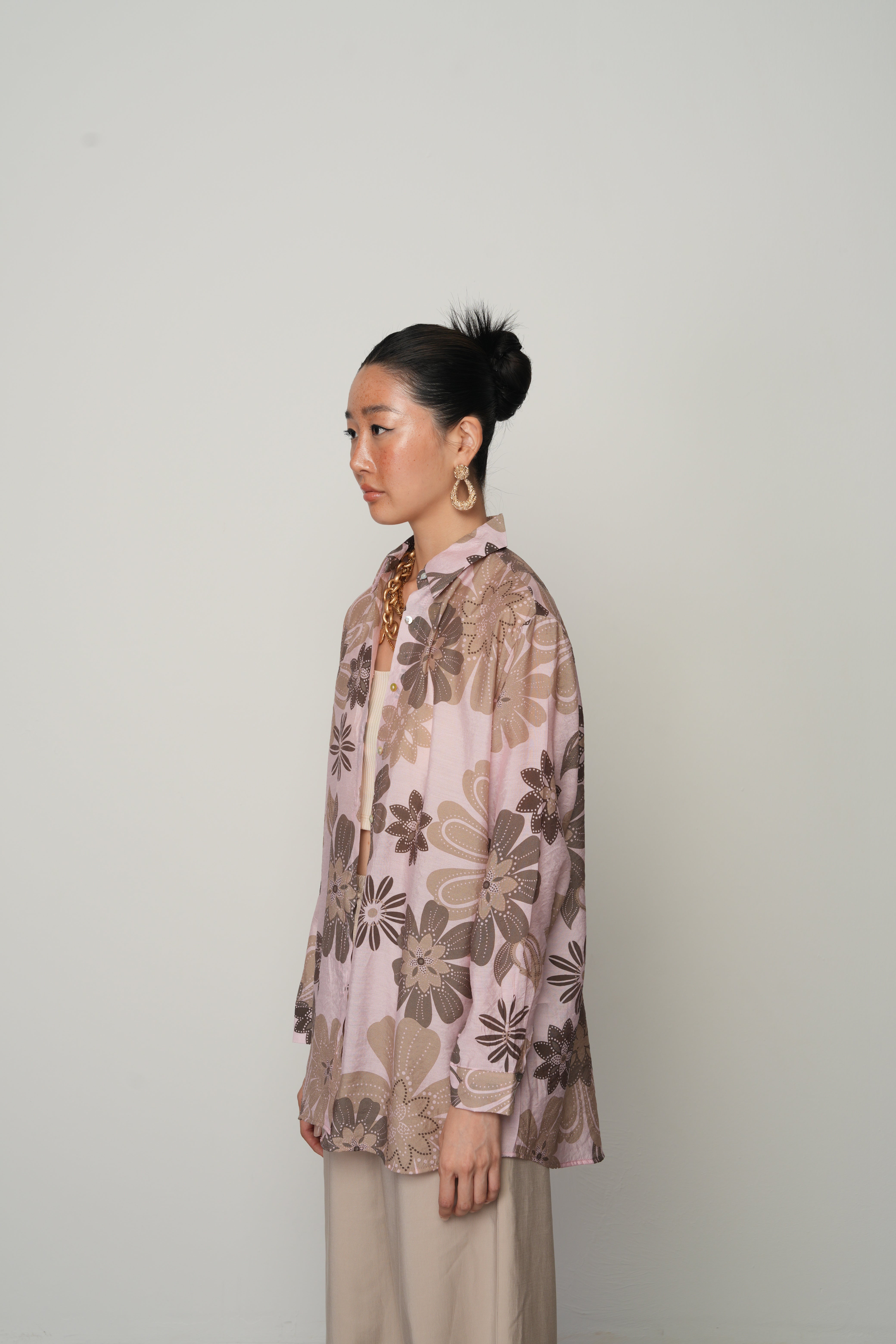 Oversize Kalıp Çiçek Desenli Pembe Gömlek - 34554