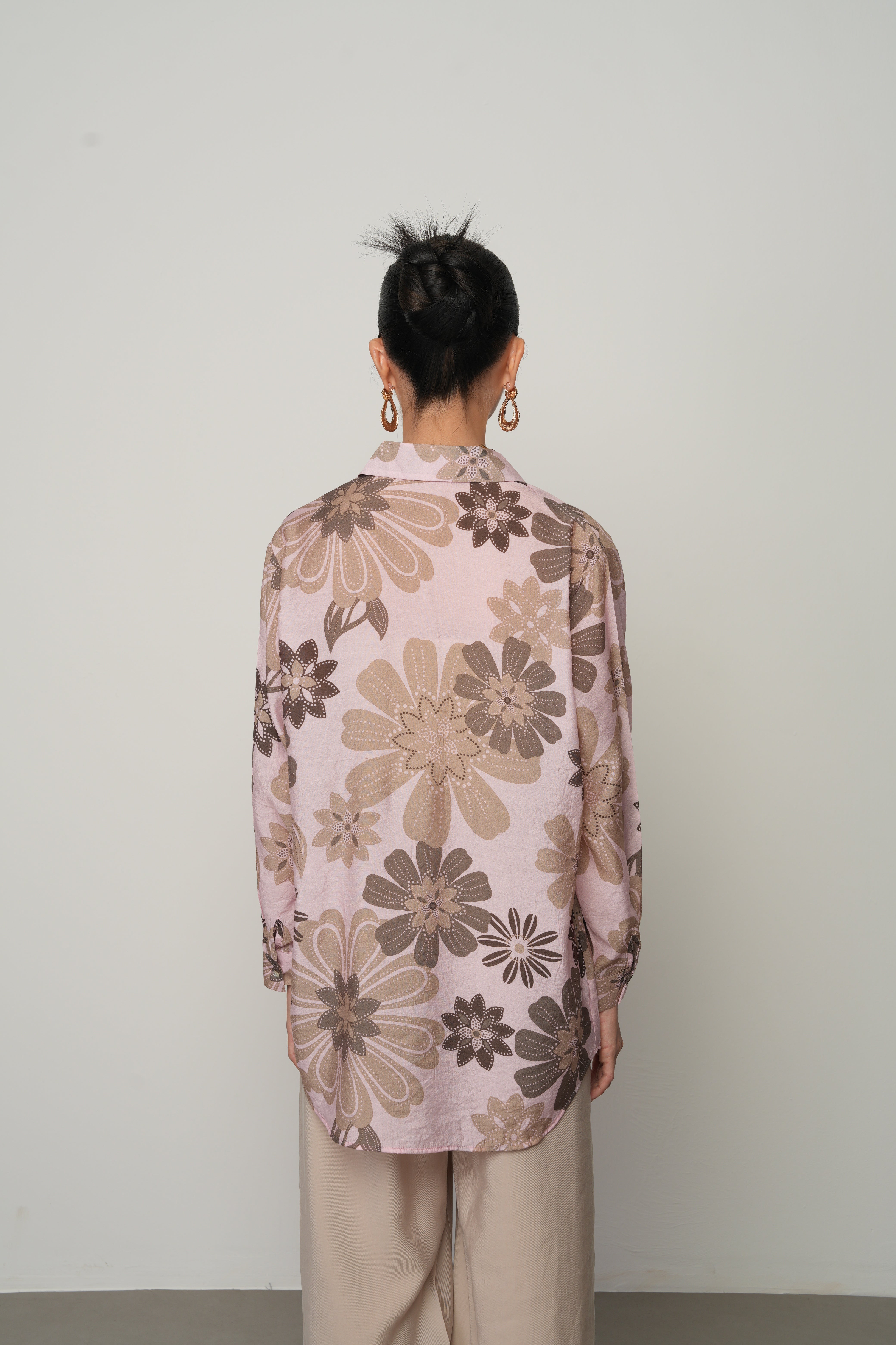 Oversize Kalıp Çiçek Desenli Pembe Gömlek - 34554