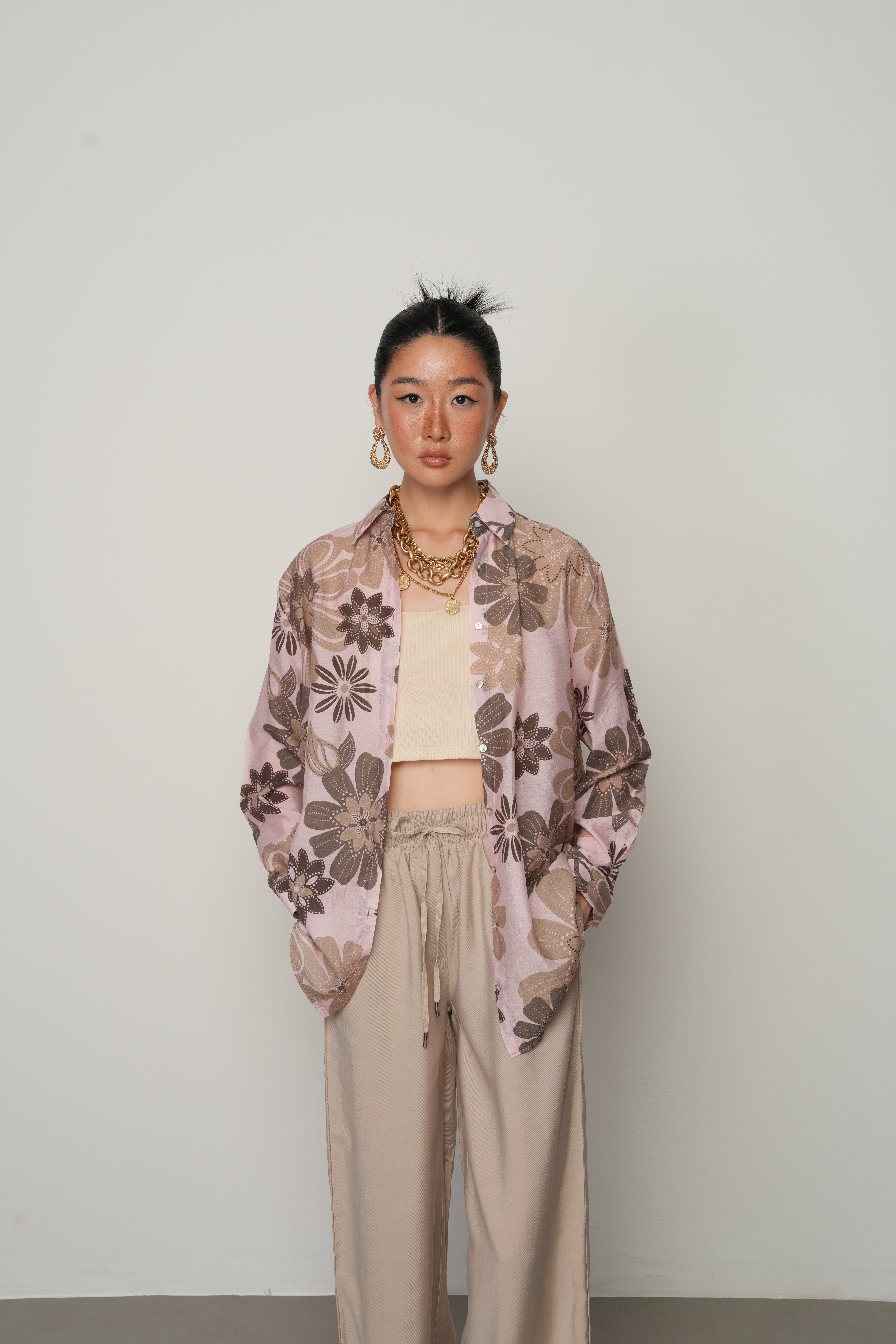 Oversize Kalıp Çiçek Desenli Pembe Gömlek - 34554