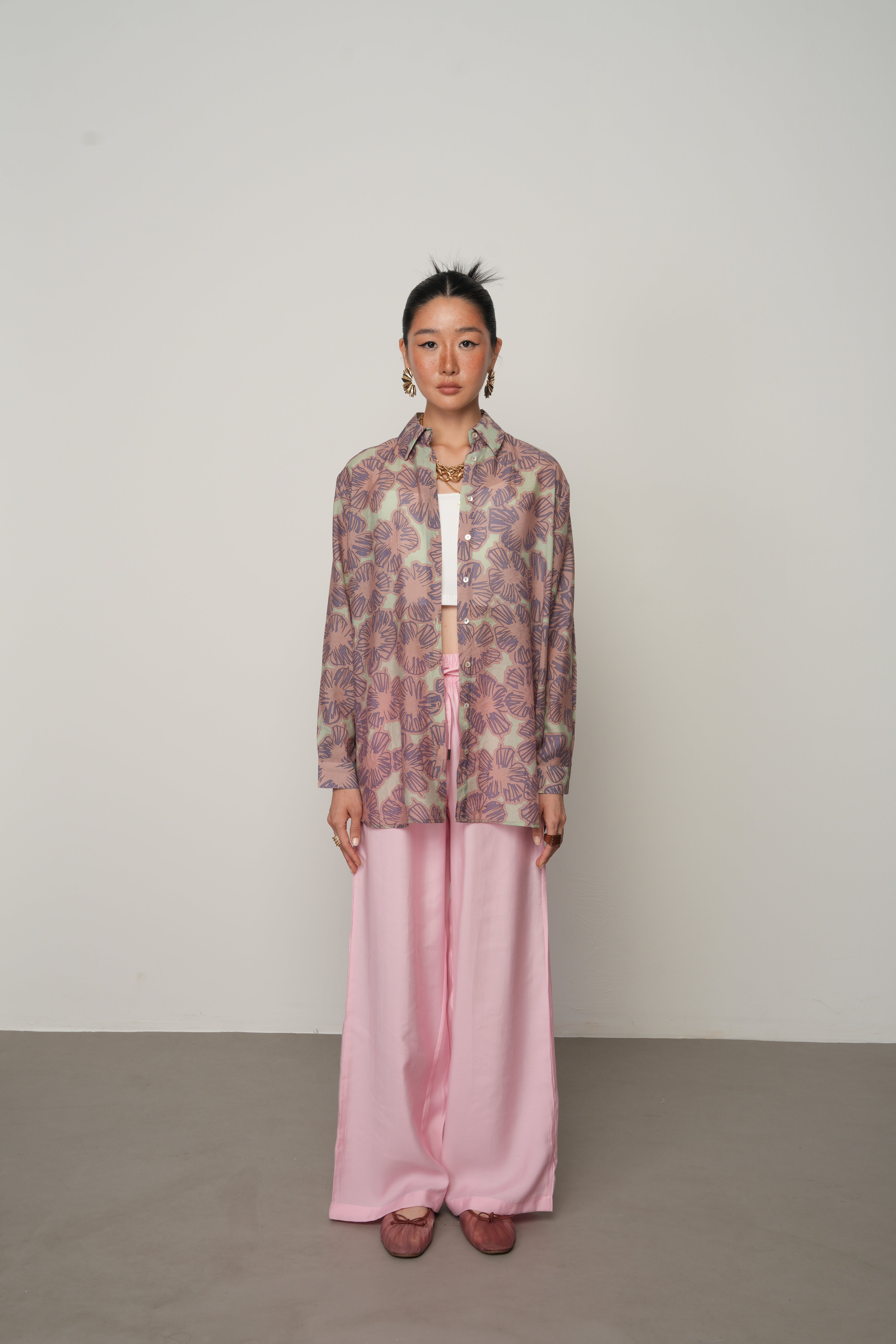 Çiçek Desenli Oversize Gömlek - 34555