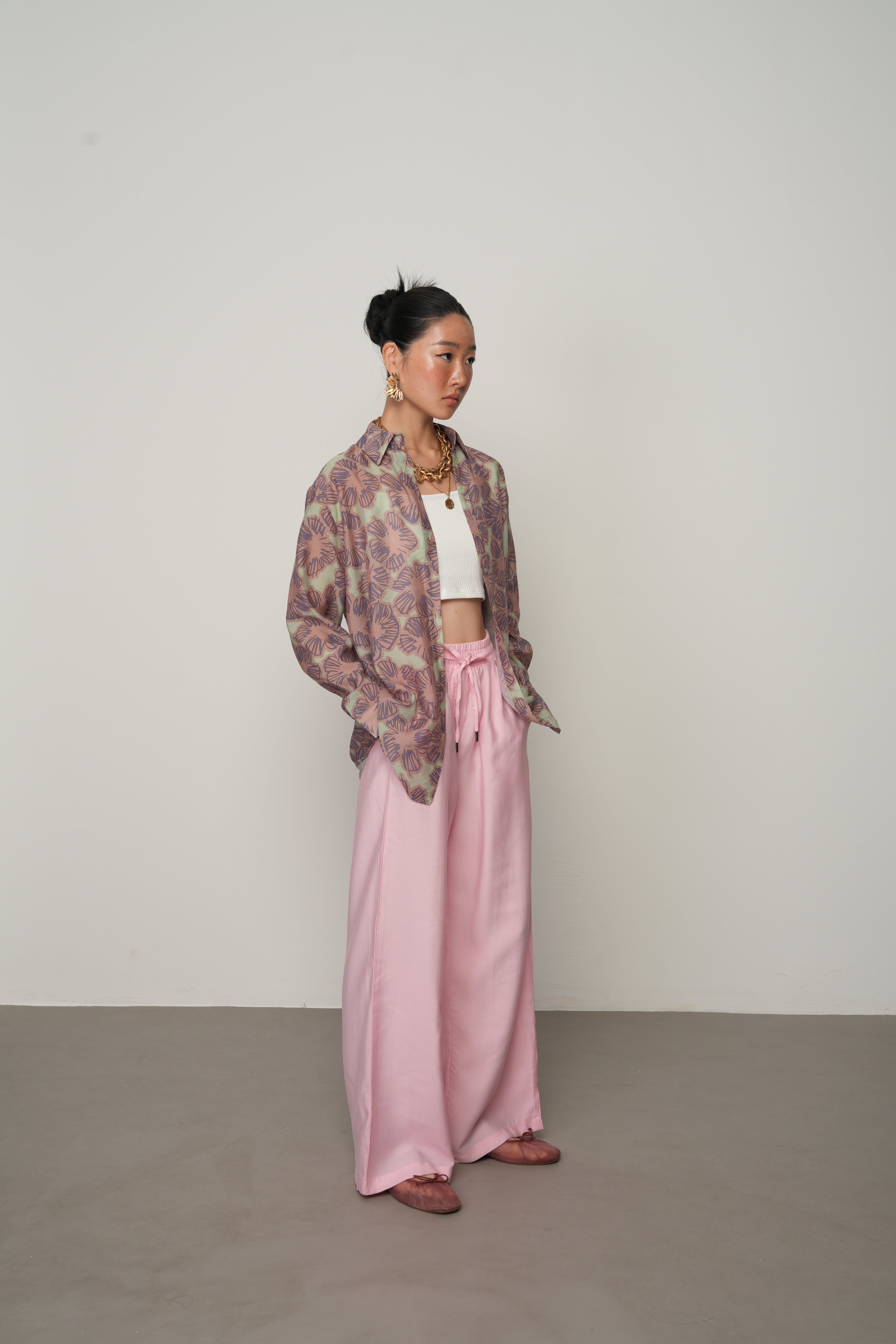 Çiçek Desenli Oversize Gömlek - 34555