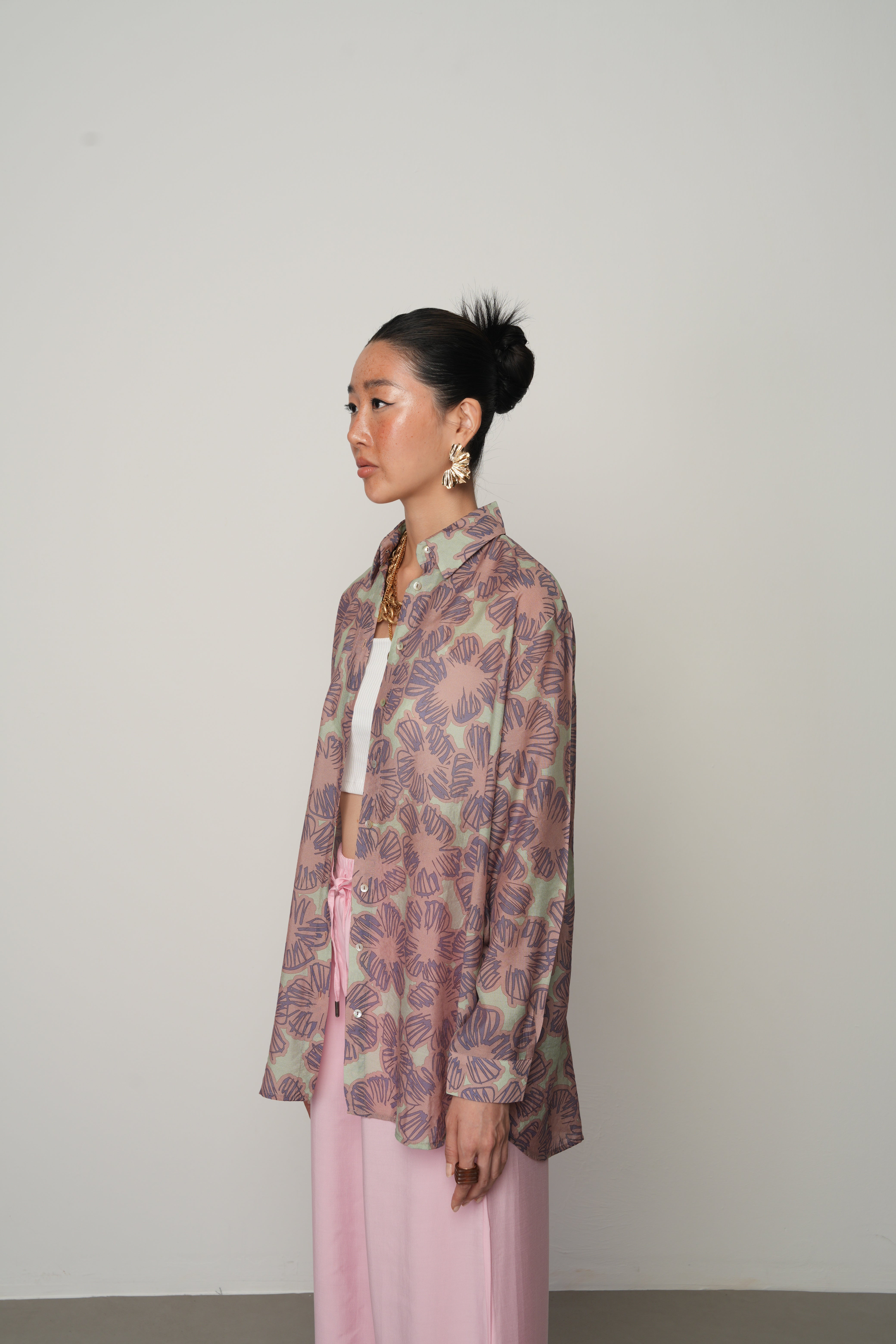 Çiçek Desenli Oversize Gömlek - 34555