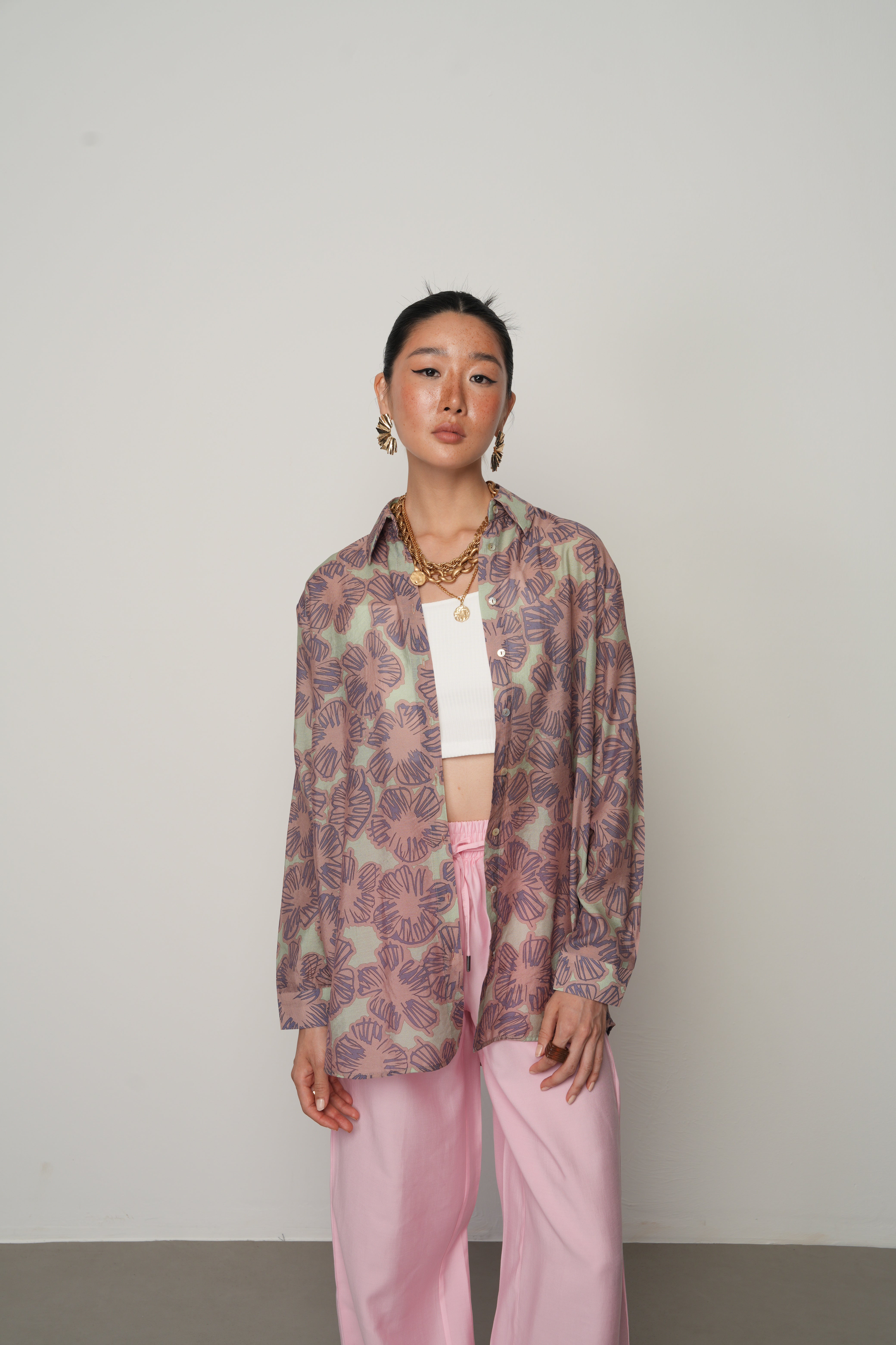 Çiçek Desenli Oversize Gömlek - 34555