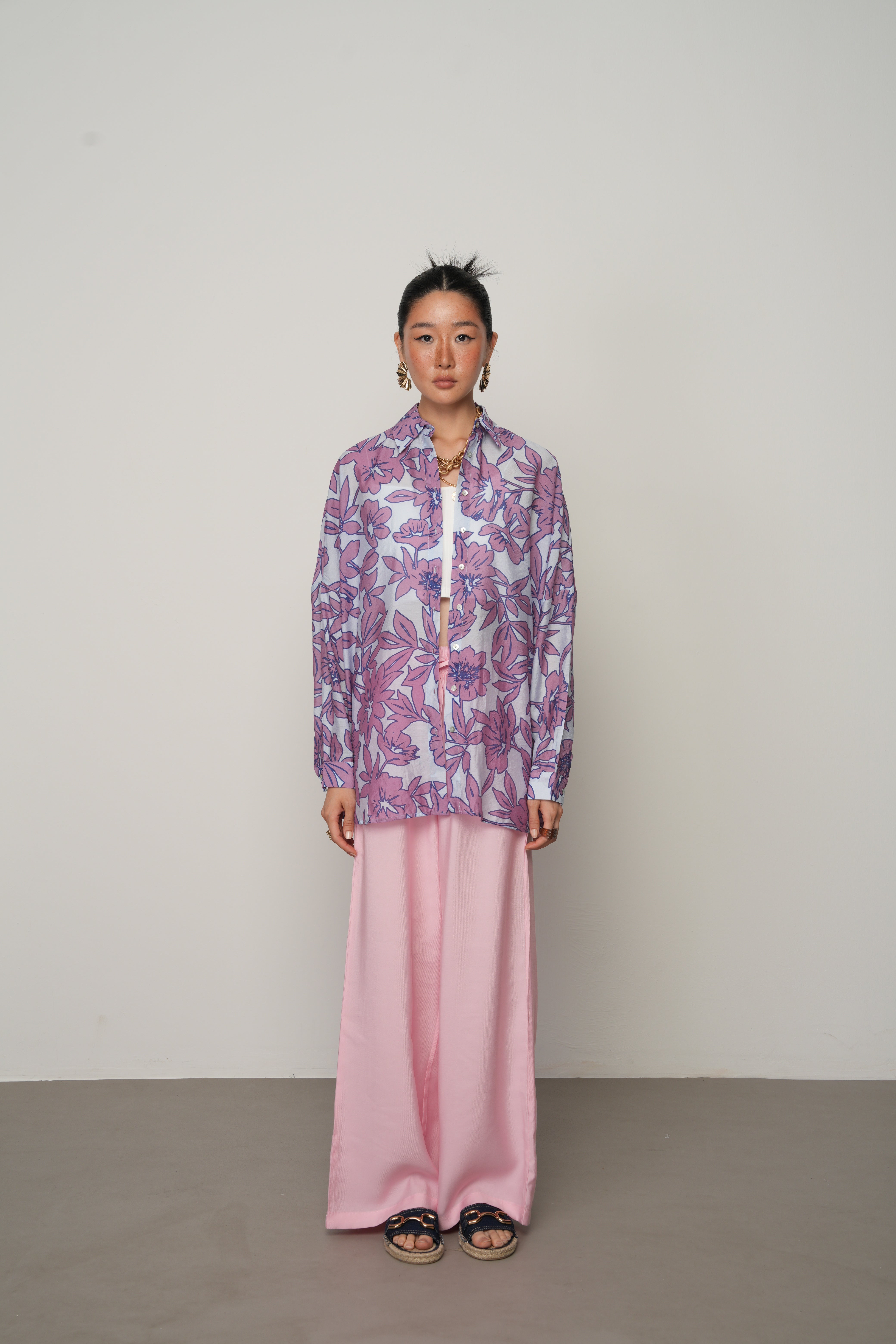 Çiçek Desenli Oversize Kalıp Şık ve Hafif Gömlek - 34557
