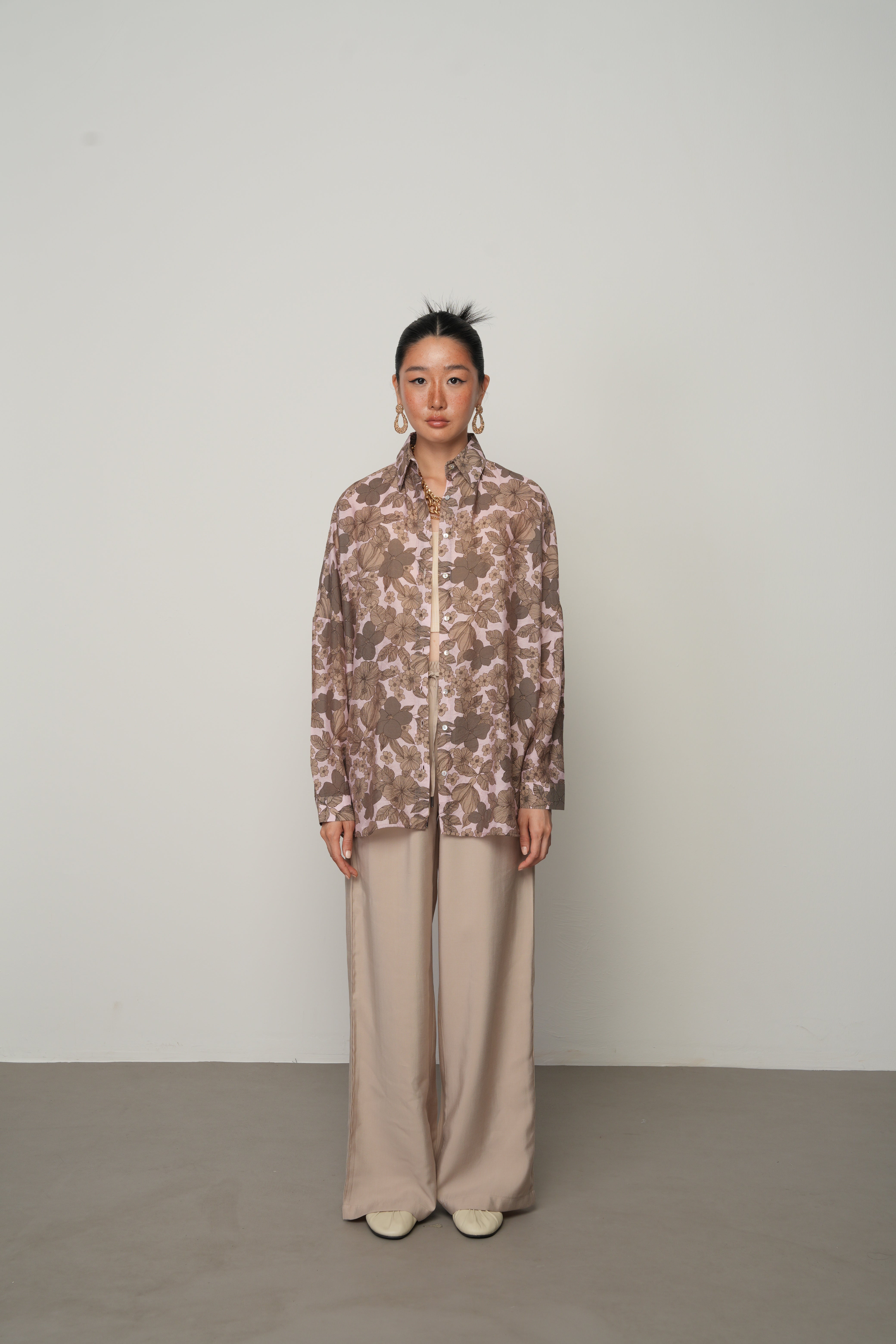 Oversize Kalıp Çiçek Desenli Gömlek - 34559