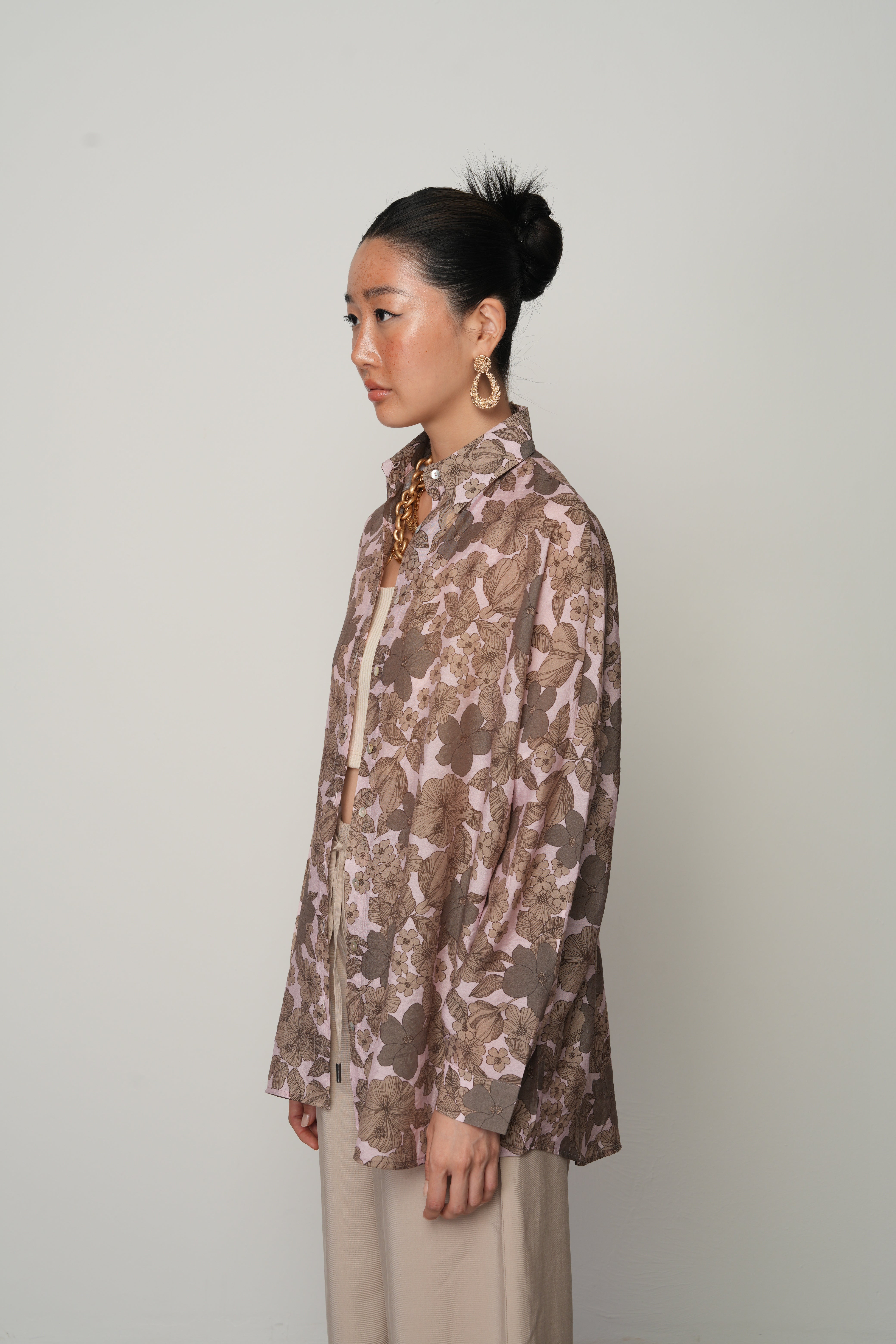 Oversize Kalıp Çiçek Desenli Gömlek - 34559