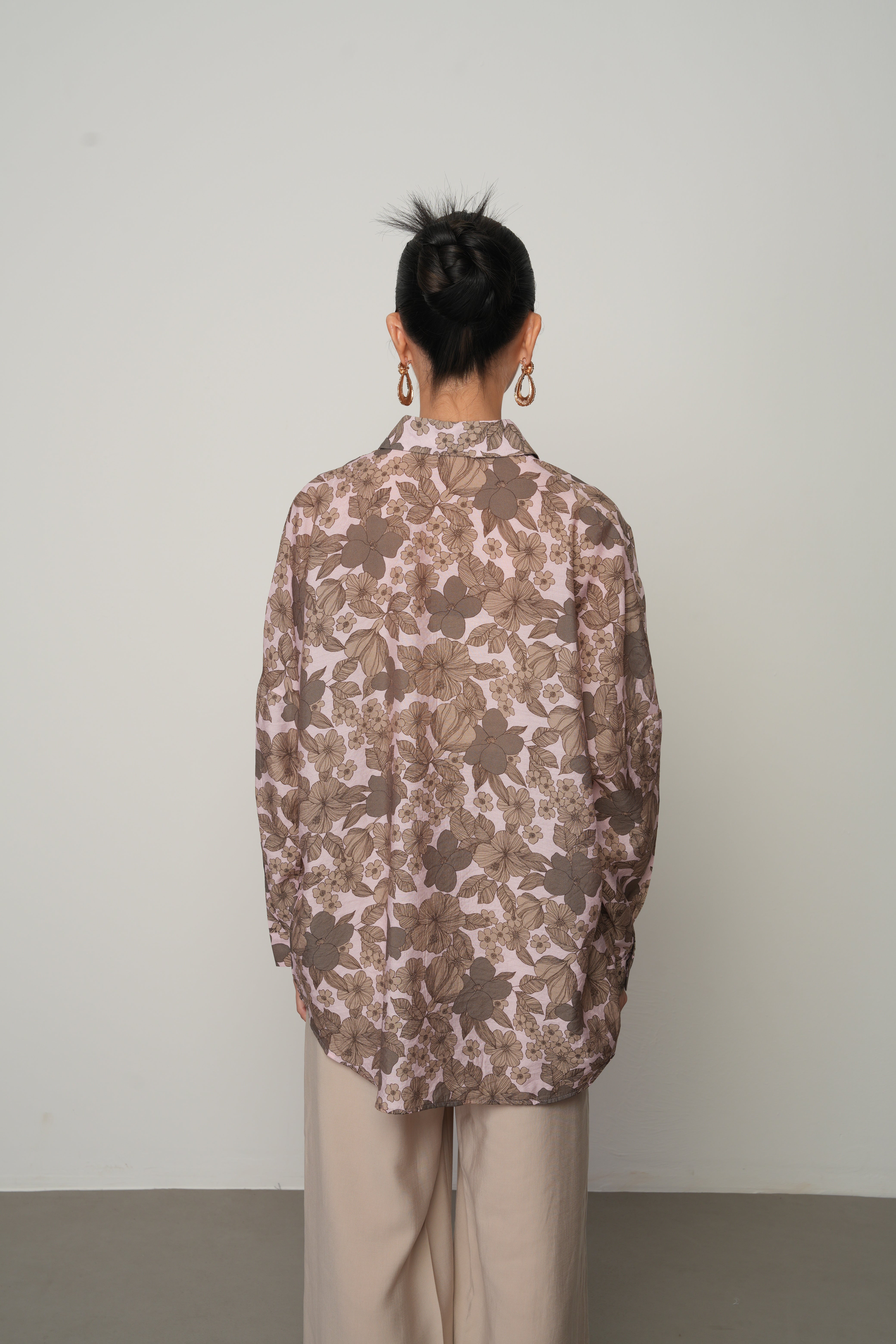 Oversize Kalıp Çiçek Desenli Gömlek - 34559