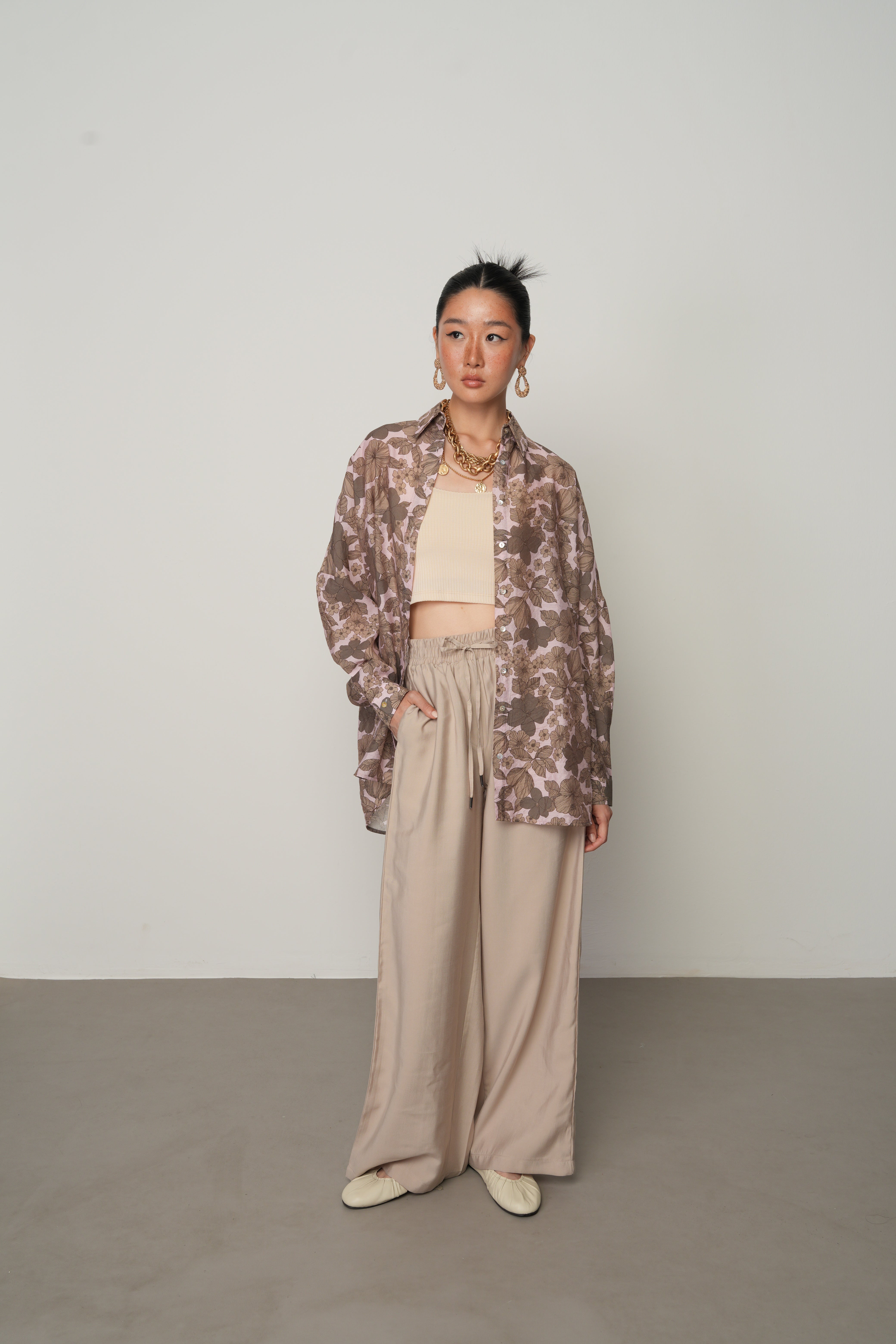 Oversize Kalıp Çiçek Desenli Gömlek - 34559