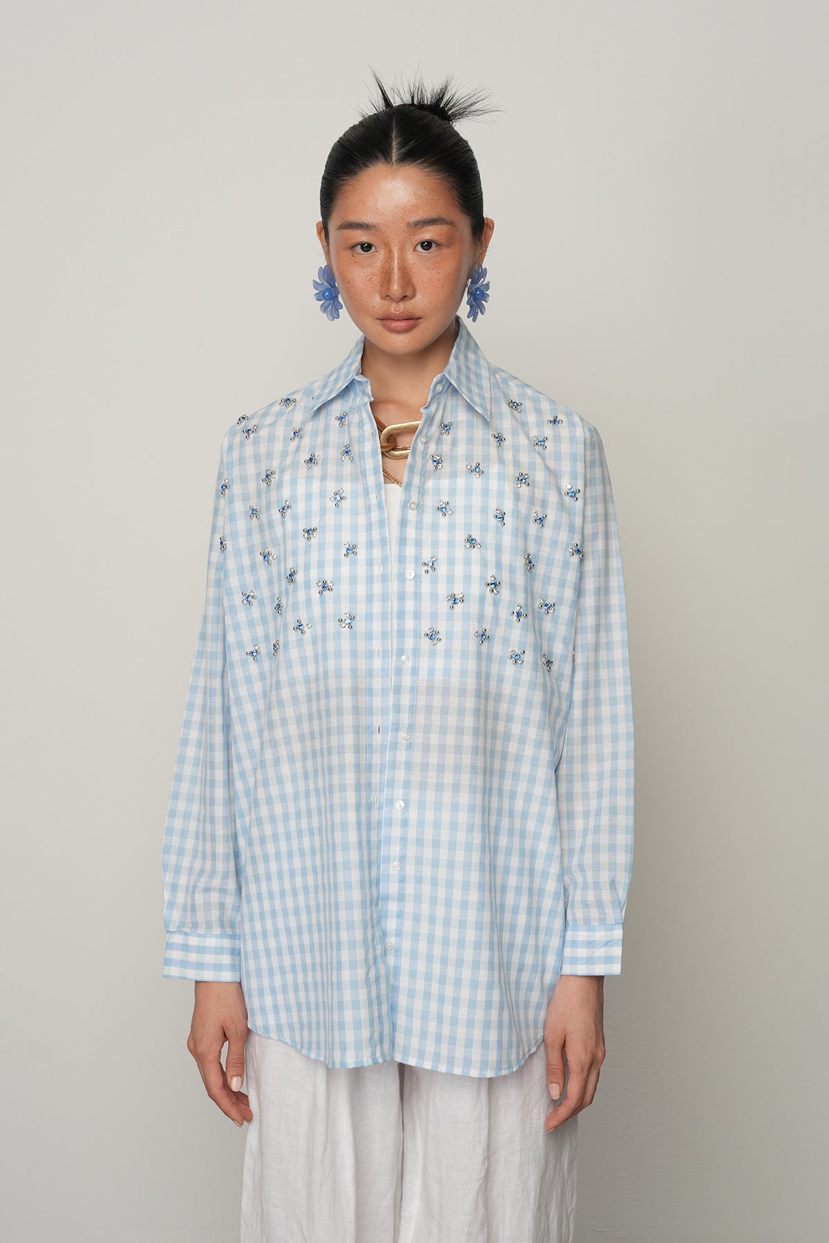 Taş İşlemeli Pötikare Oversize Mavi Gömlek – Pamuk Polyester Karışım | Türkiye Üretimi 34572 Mavi
