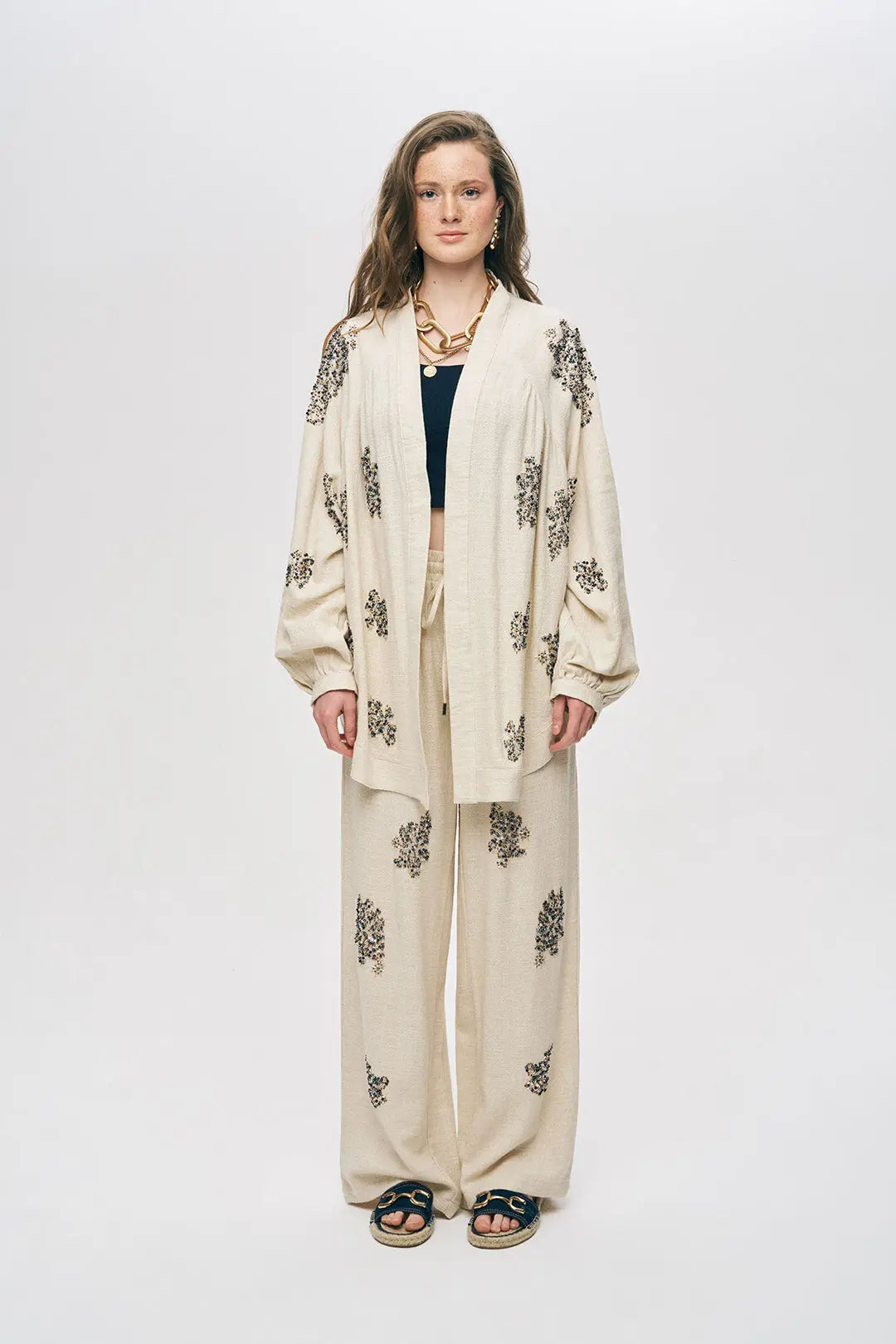 Orfeonegro Boncuk İşlemeli Oversize Kimono ORFEONEGRO