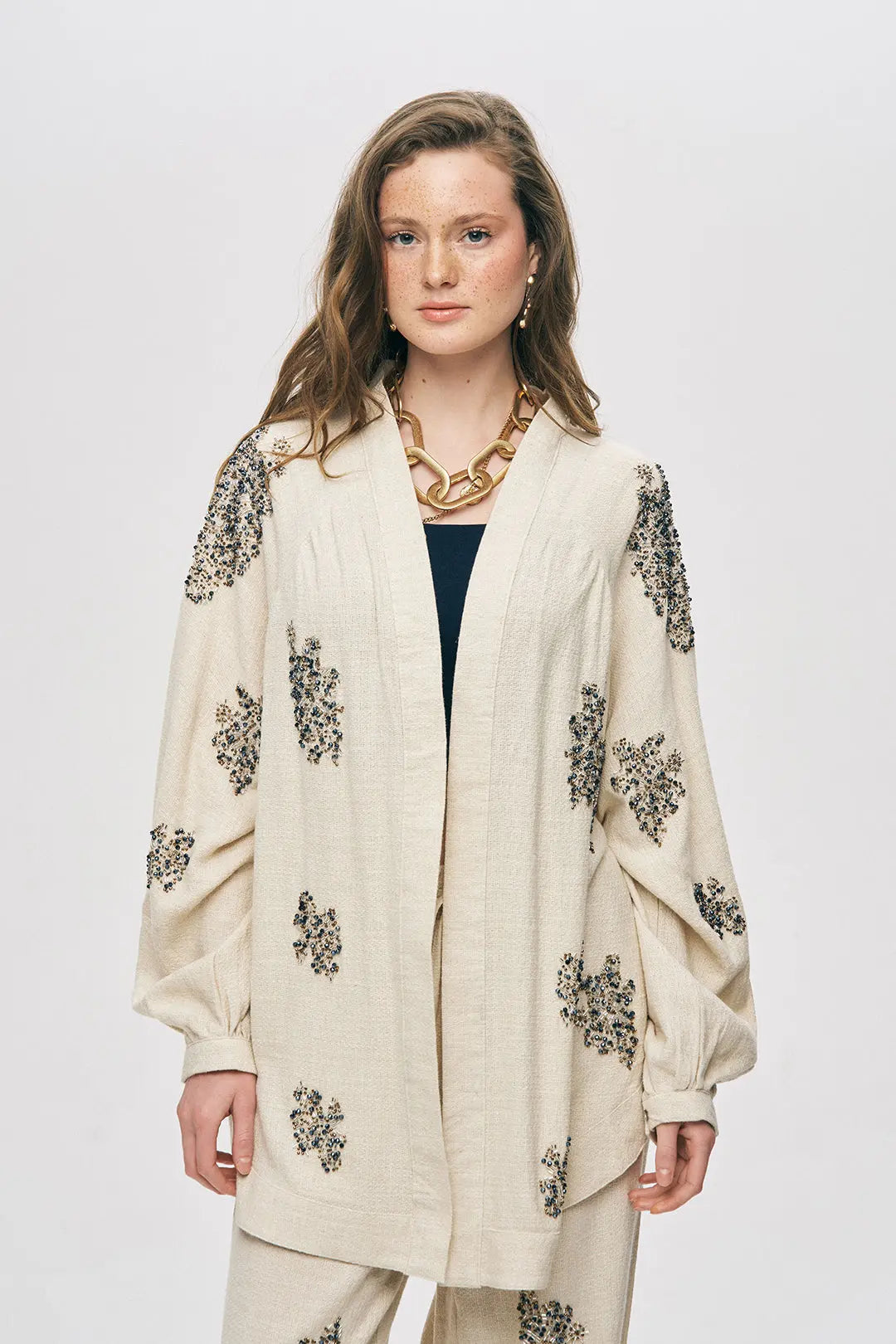 Orfeonegro Boncuk İşlemeli Oversize Kimono ORFEONEGRO