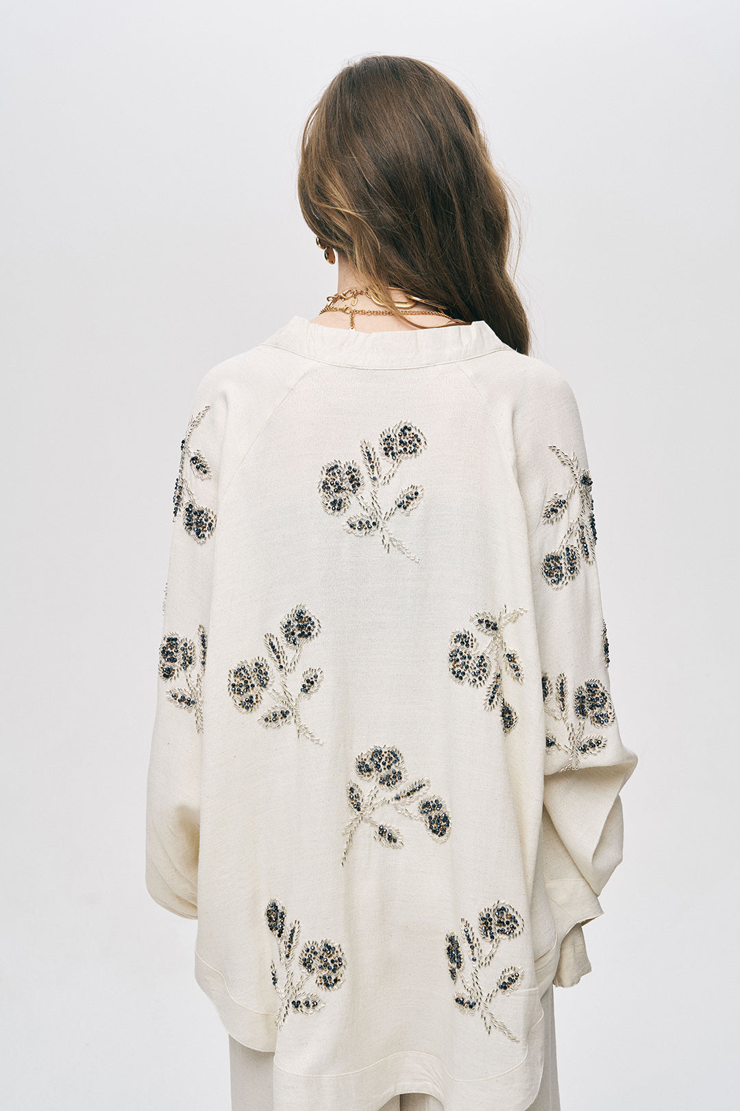 Boncuk İşlemeli Oversize Pamuk Keten Kimono