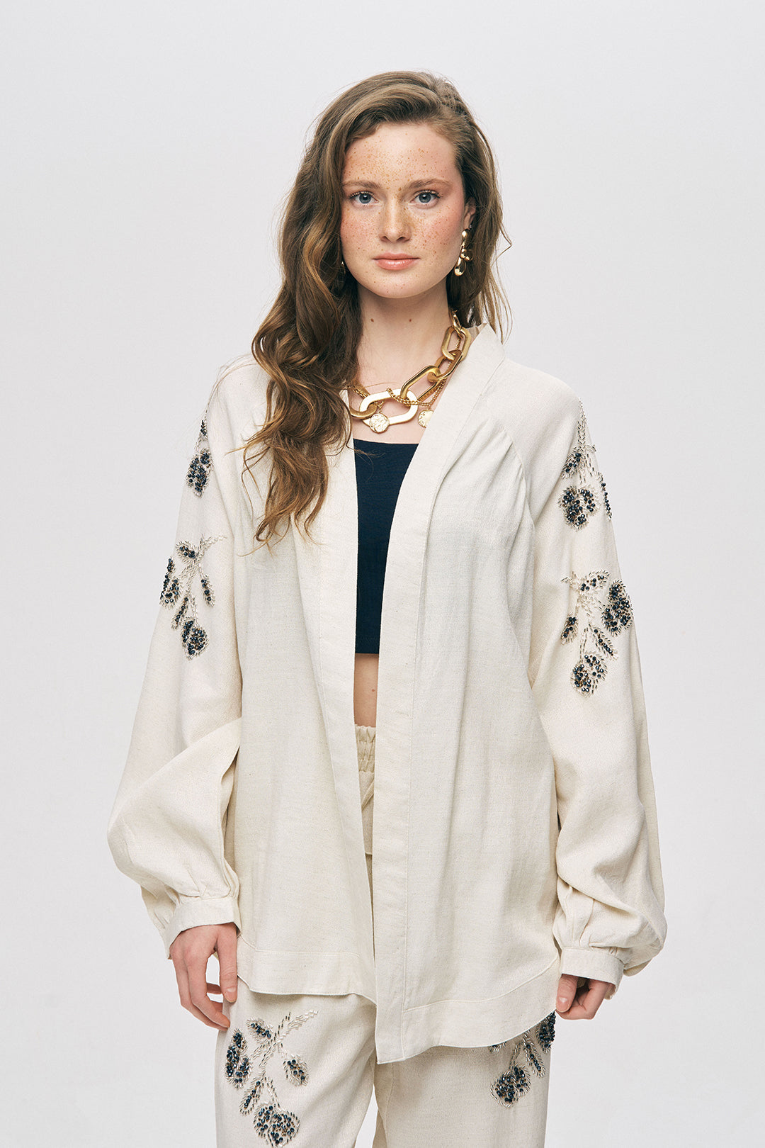 Boncuk İşlemeli Oversize Pamuk Keten Kimono