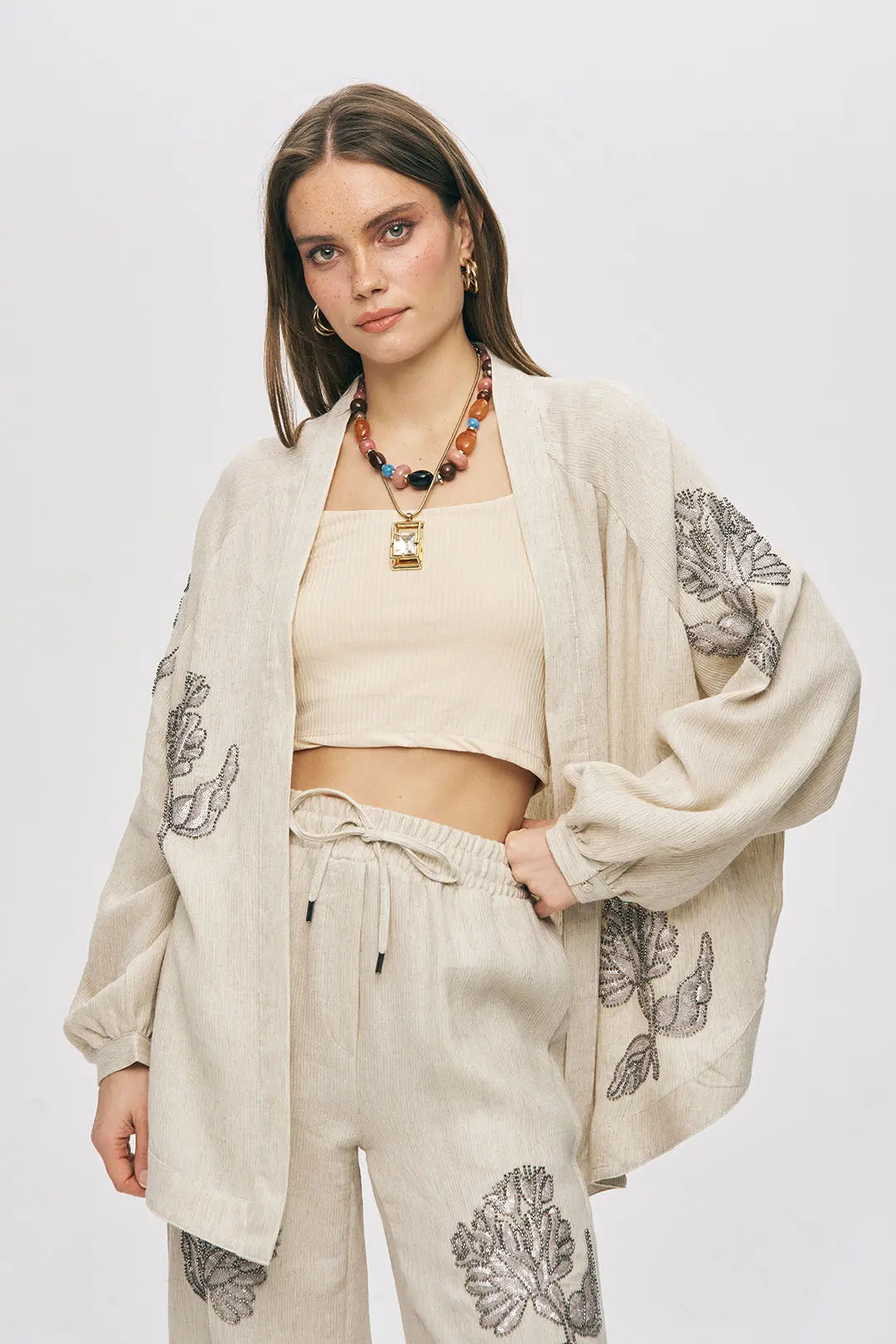 Orfeonegro Zarif Nakış Detaylı Oversize Kimono ORFEONEGRO
