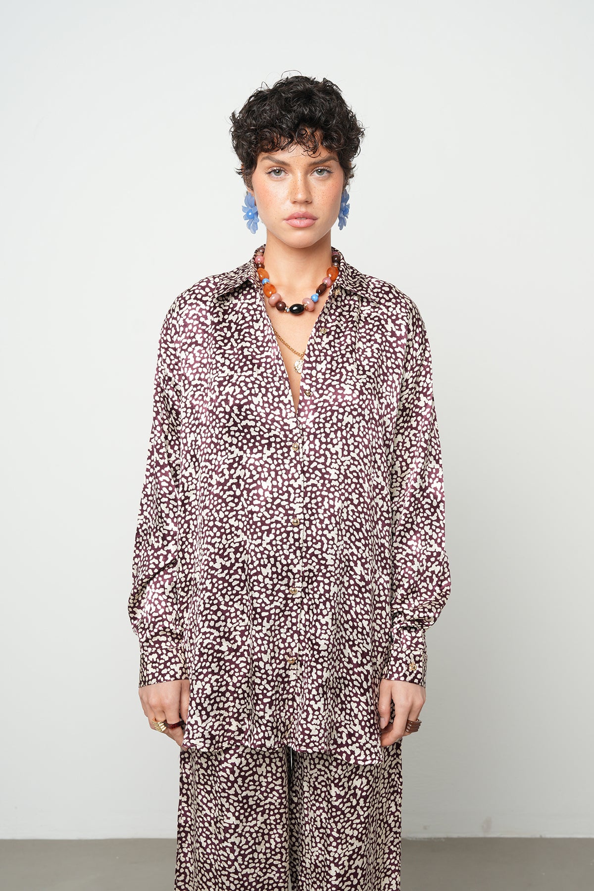 Puantiye Desenli Saten Oversize Gömlek