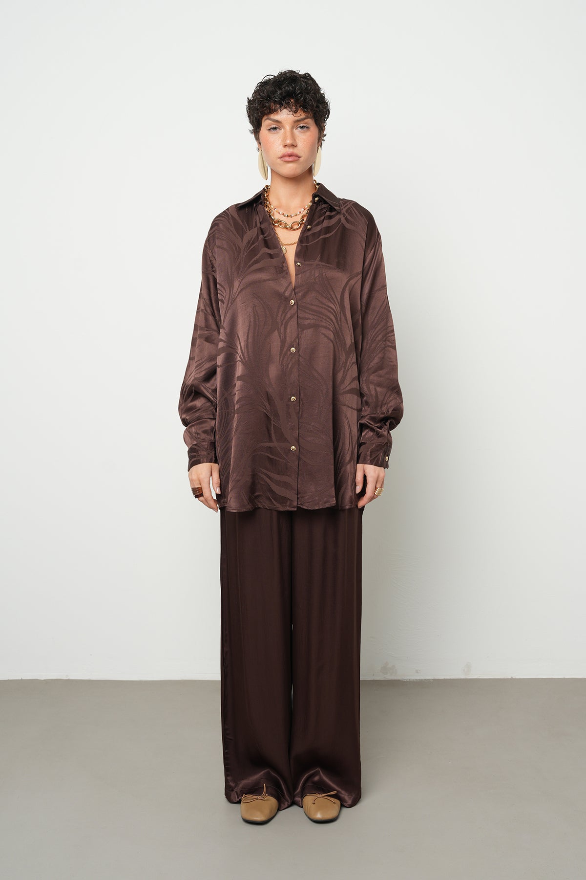 Orfeonegro Kahverengi Oversize Desenli Saten Gömlek