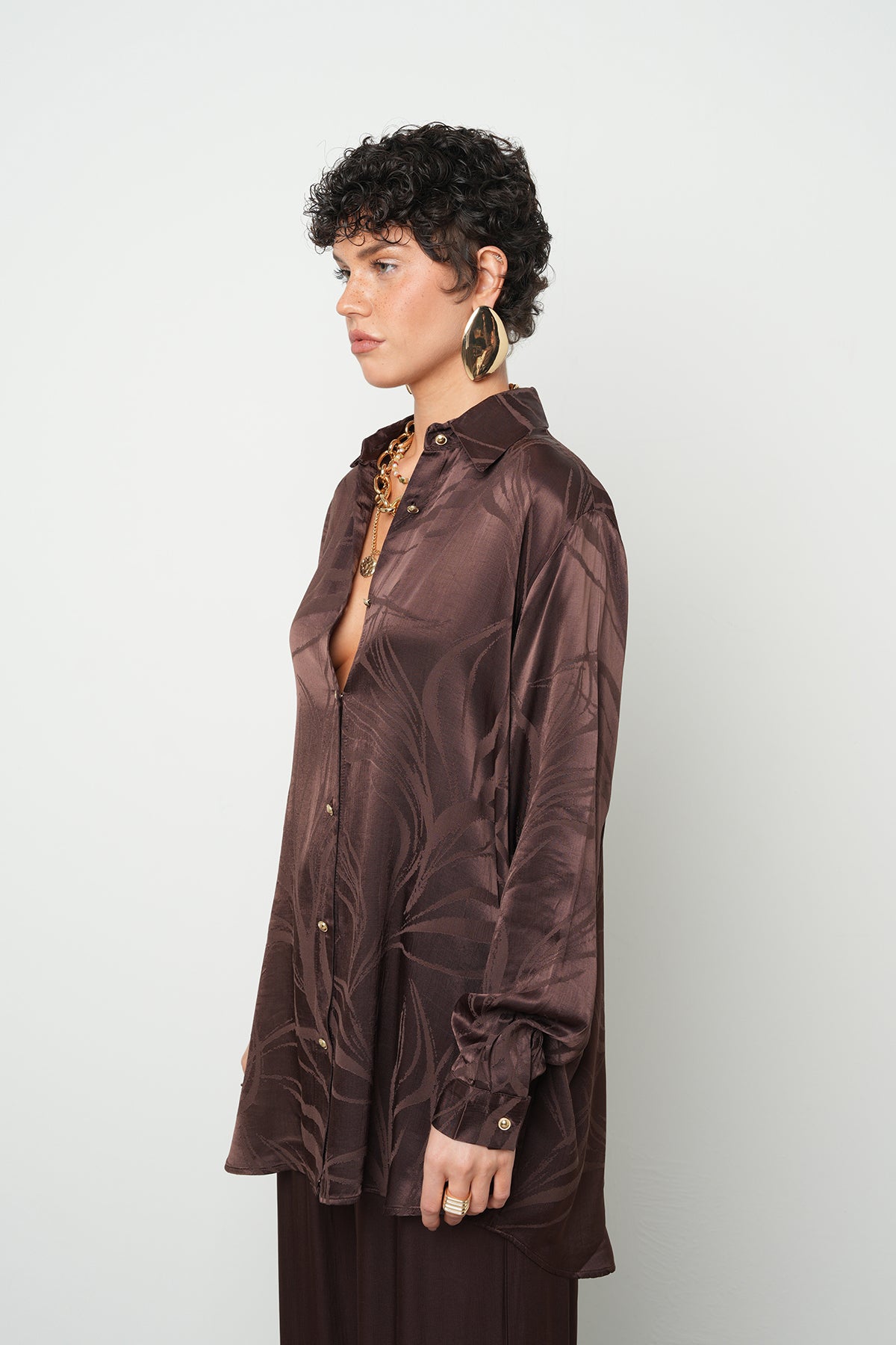 Orfeonegro Kahverengi Oversize Desenli Saten Gömlek