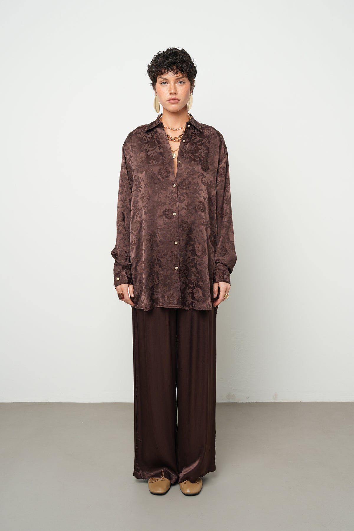 Orfeonegro Gül Desenli Oversize Saten Gömlek