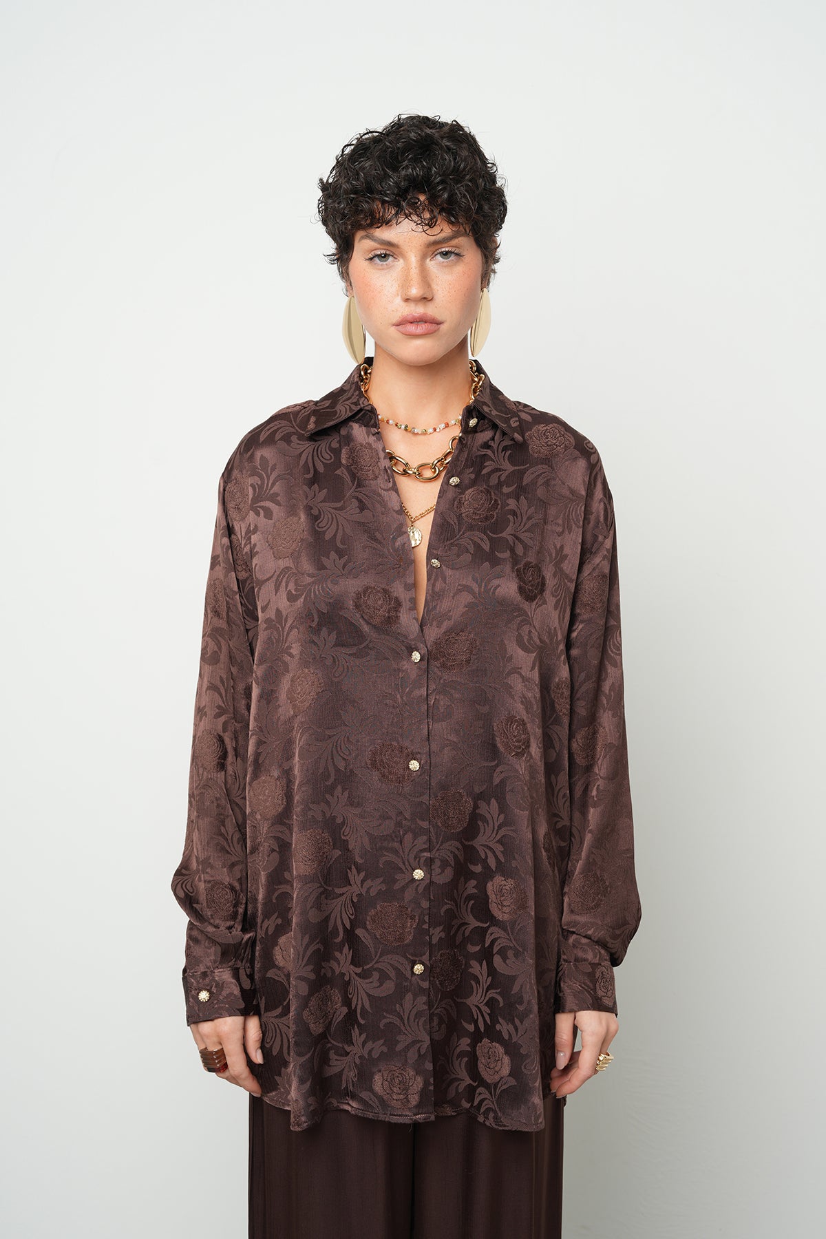 Orfeonegro Gül Desenli Oversize Saten Gömlek