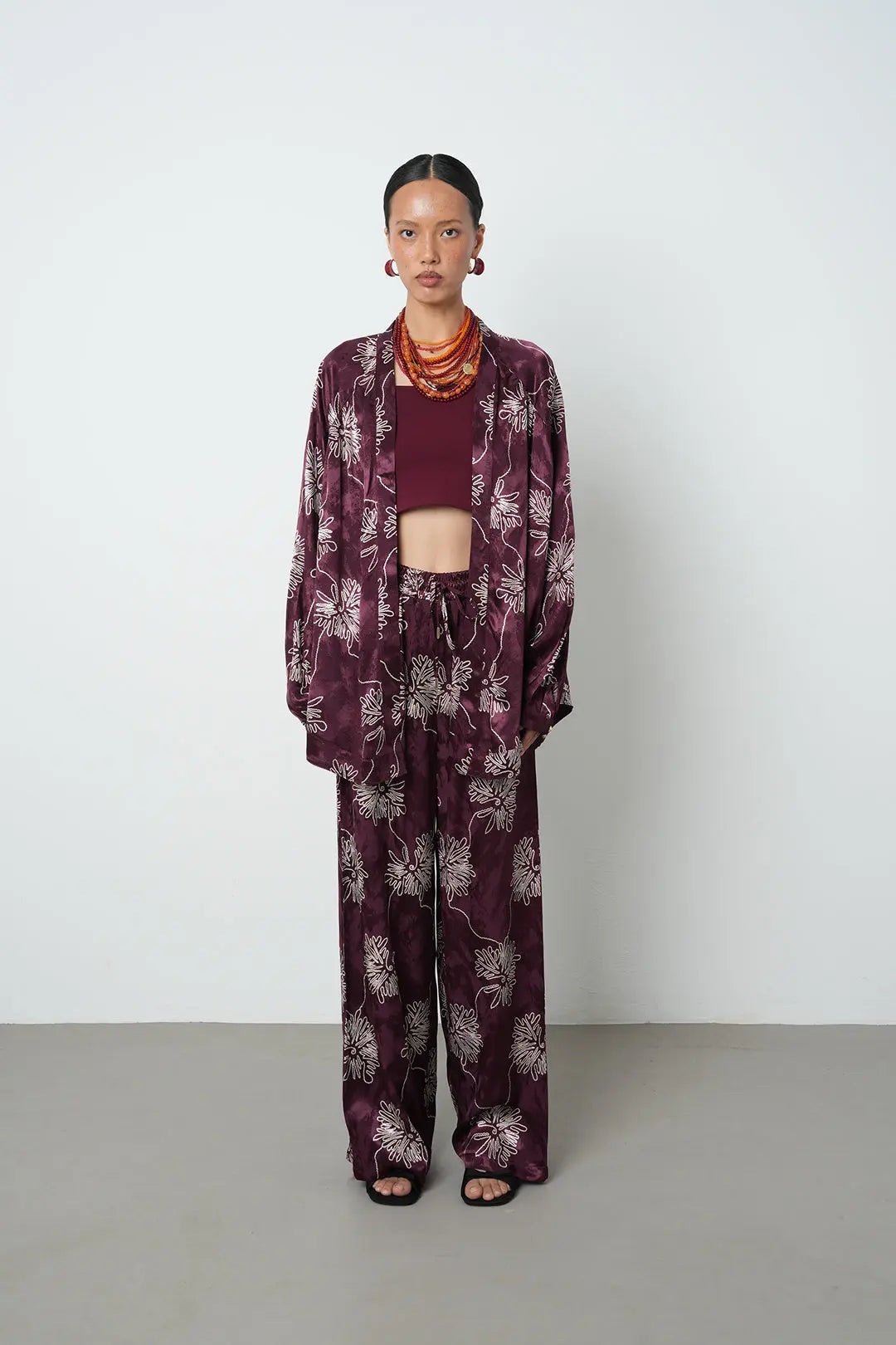 Bordo Çiçek Desenli Oversize Kimono ORFEONEGRO