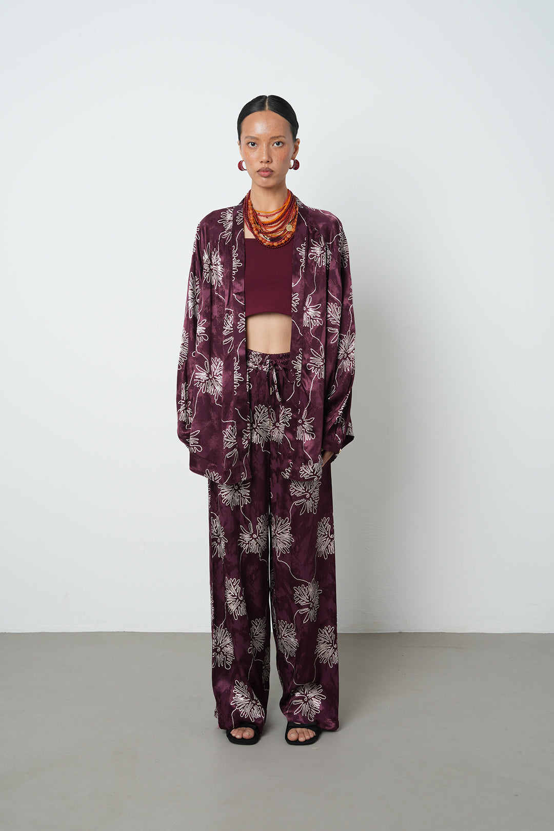 Bordo Çiçek Desenli Oversize Kimono