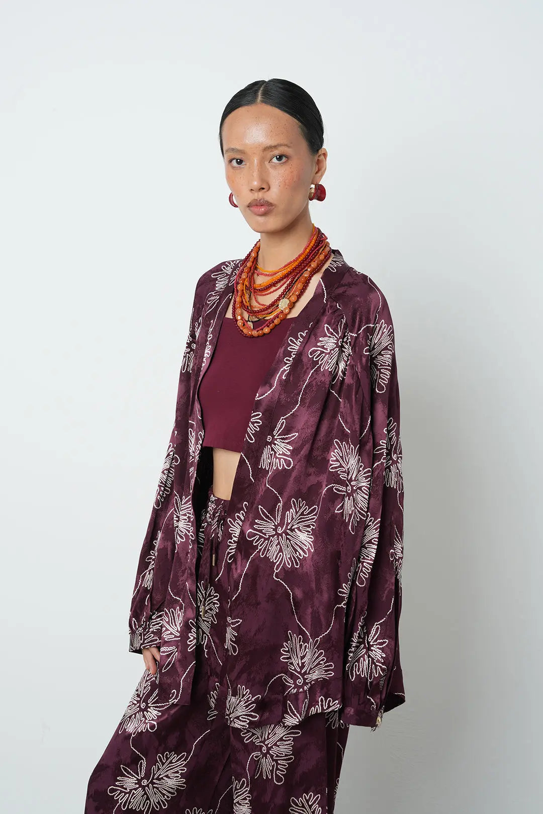 Bordo Çiçek Desenli Oversize Kimono ORFEONEGRO