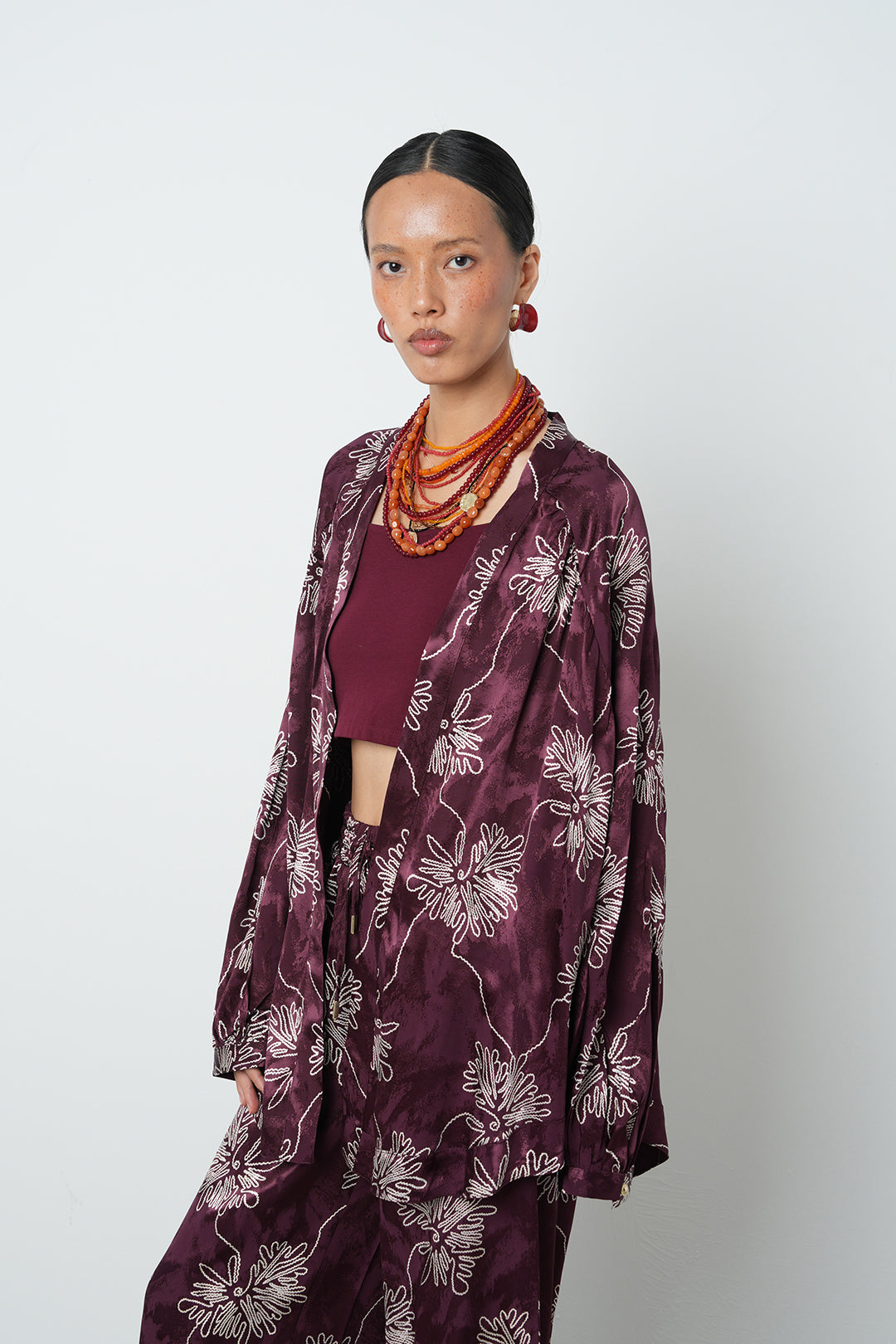 Bordo Çiçek Desenli Oversize Kimono
