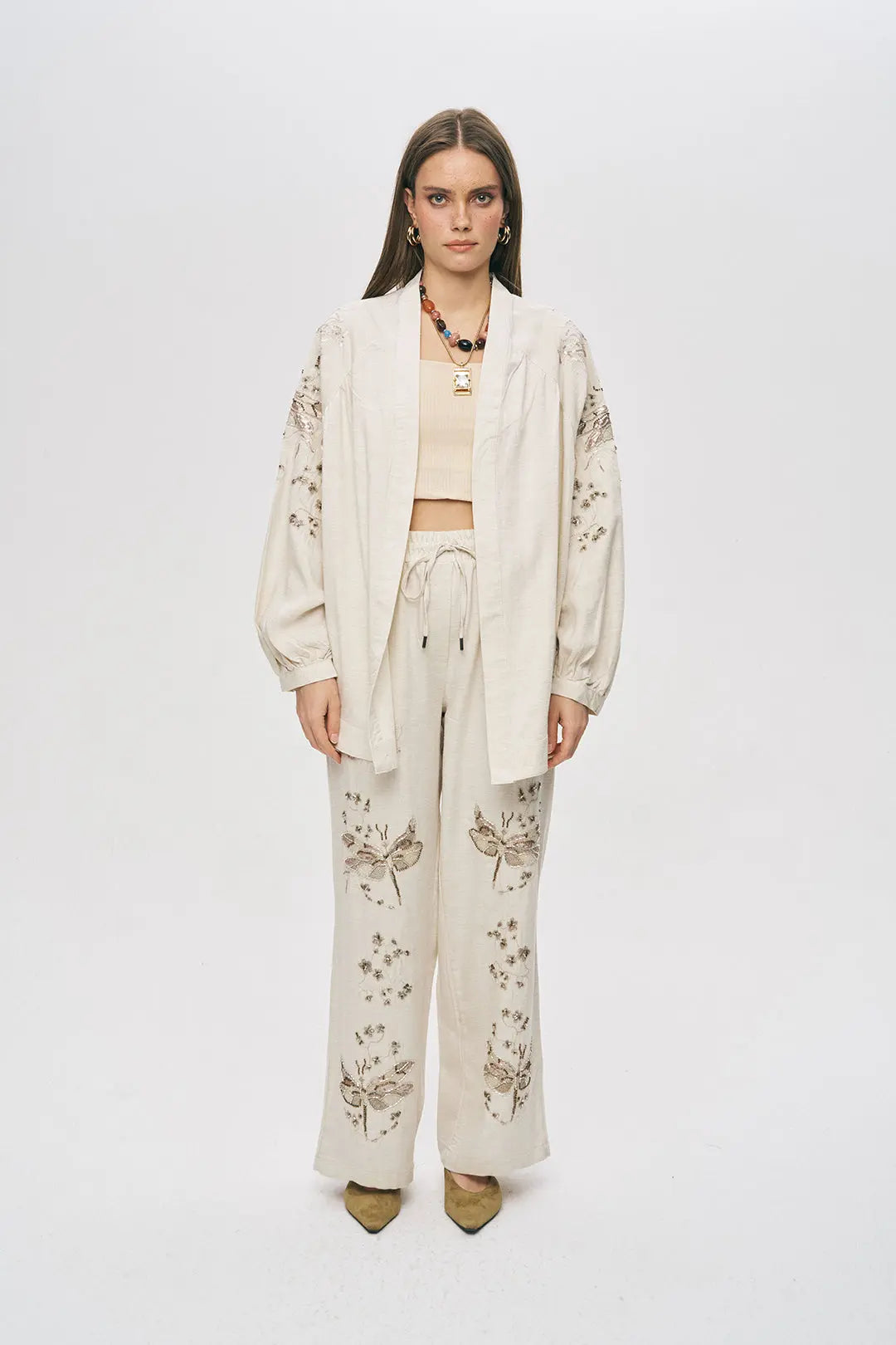 Orfeonegro Kelebek Nakış İşlemeli Oversize Natur Kimono ORFEONEGRO