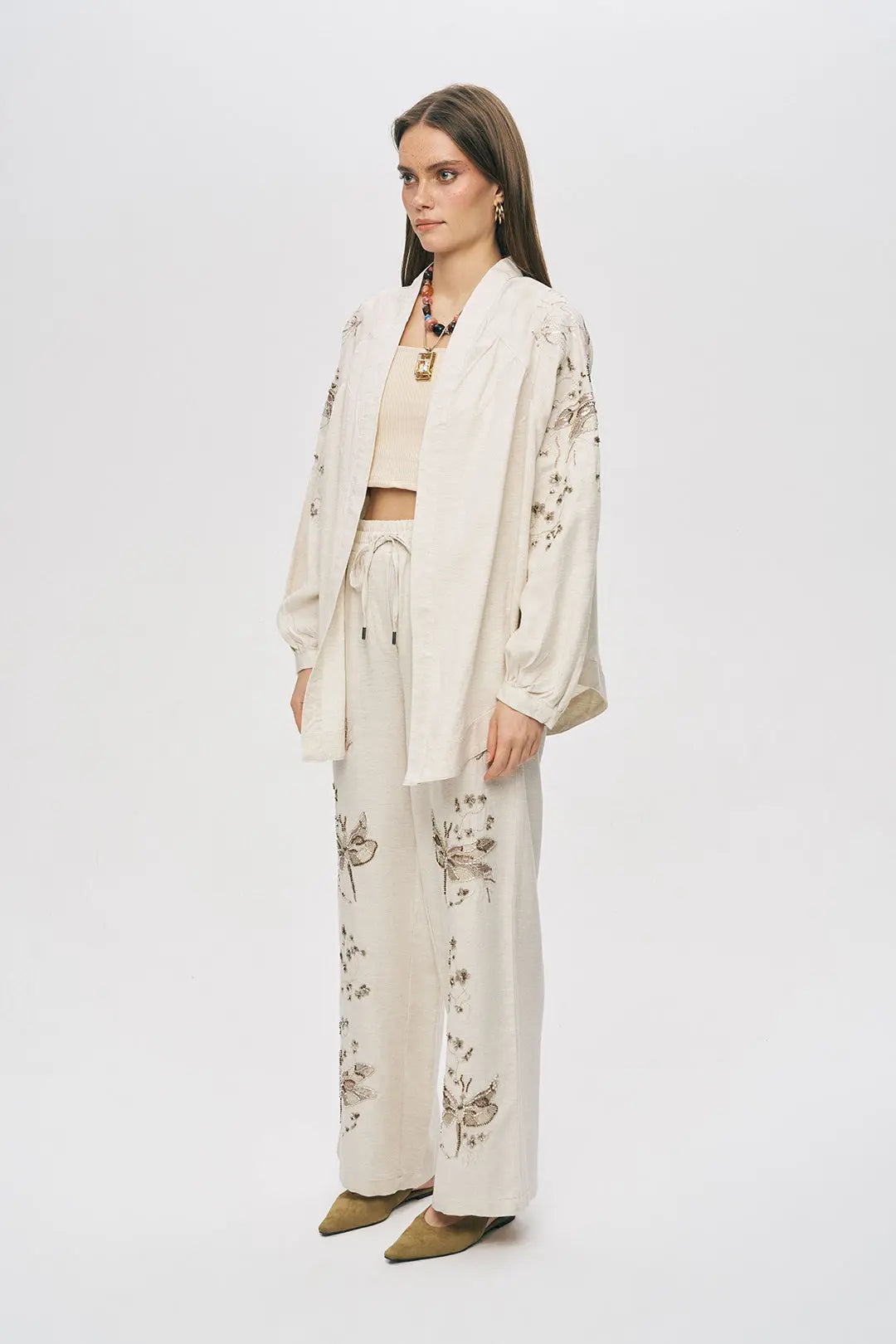 Orfeonegro Kelebek Nakış İşlemeli Oversize Natur Kimono ORFEONEGRO