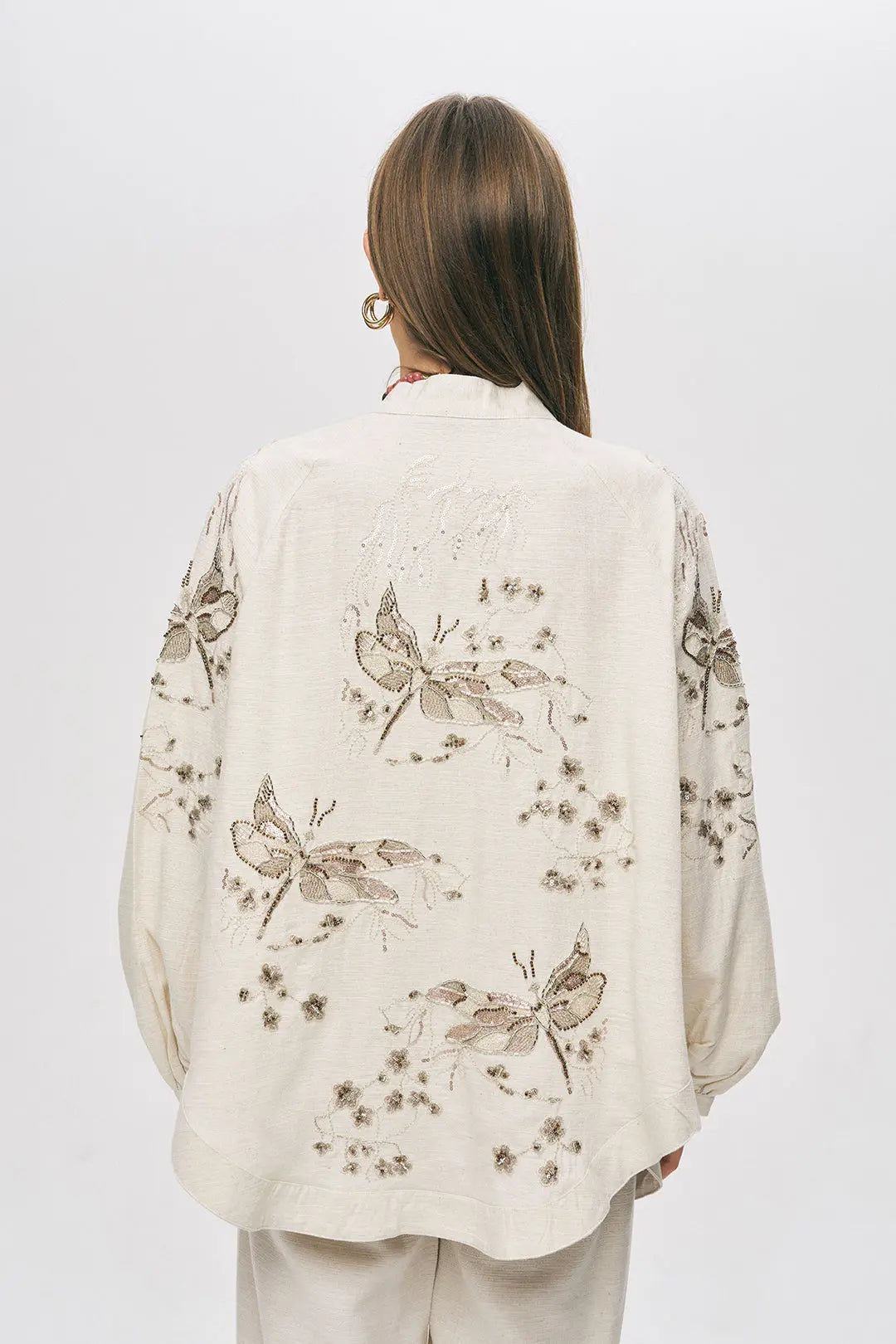 Orfeonegro Kelebek Nakış İşlemeli Oversize Natur Kimono ORFEONEGRO
