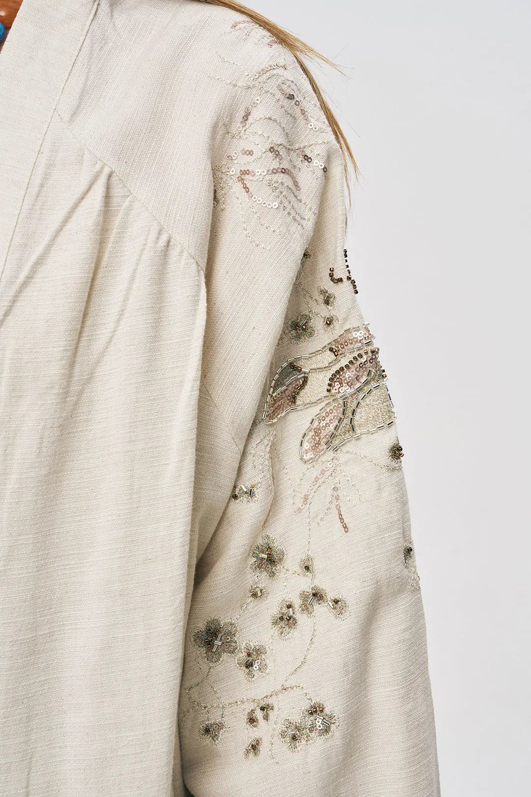 Orfeonegro Kelebek Nakış İşlemeli Oversize Natur Kimono ORFEONEGRO