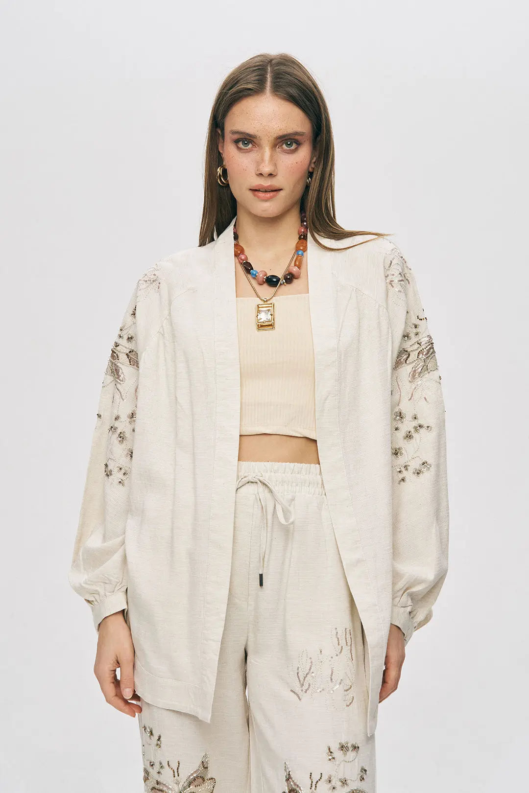 Orfeonegro Kelebek Nakış İşlemeli Oversize Natur Kimono ORFEONEGRO