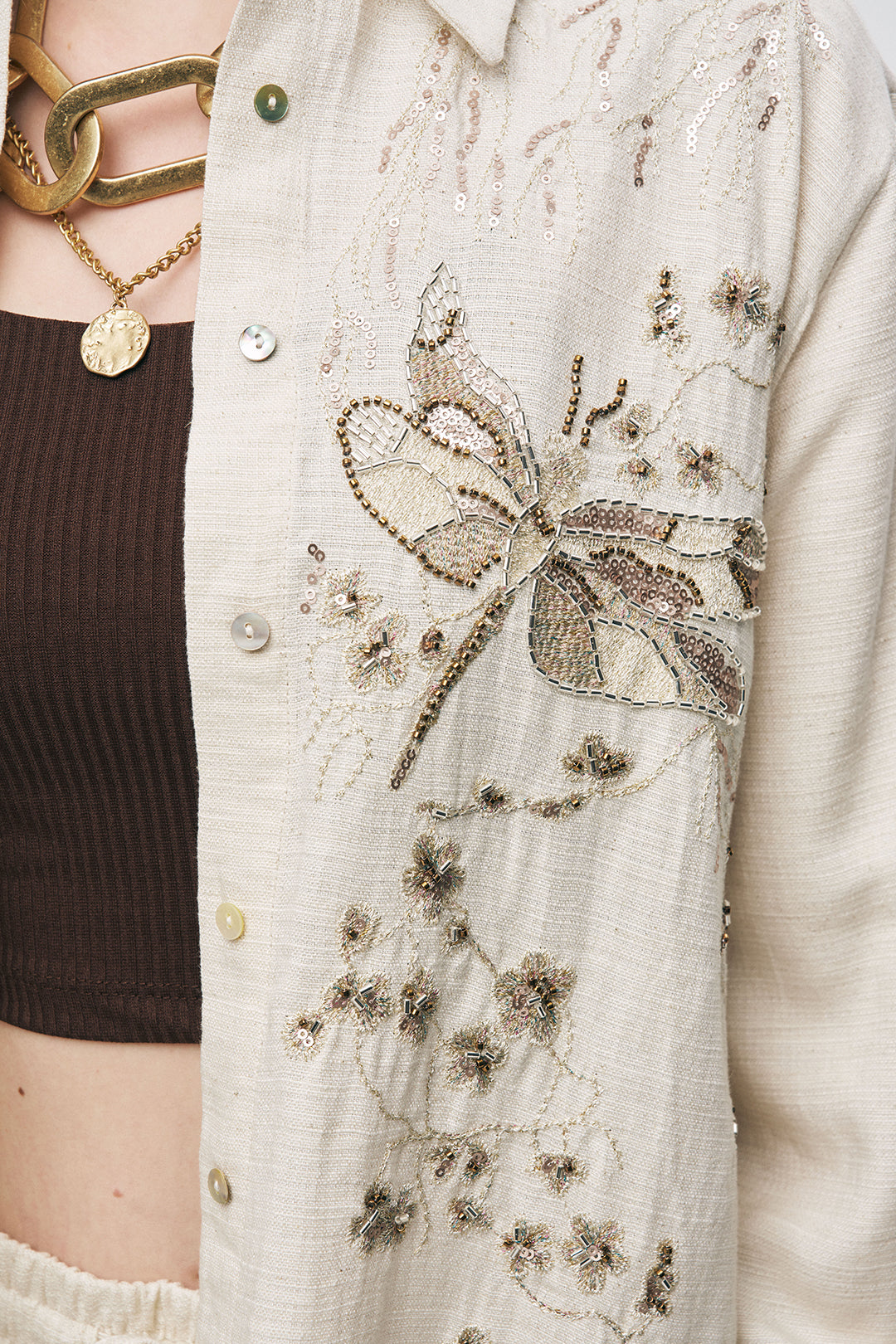 Orfeonegro Boncuk ve Payet İşlemeli Oversize Gömlek