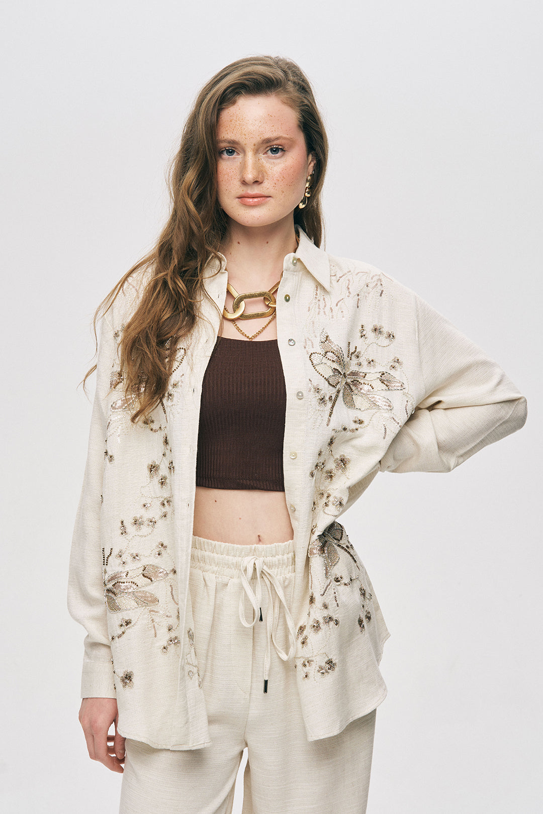 Orfeonegro Boncuk ve Payet İşlemeli Oversize Gömlek