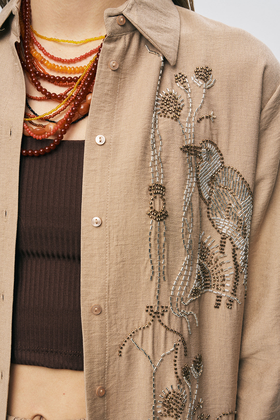 Orfeonegro Kuş ve Çiçek Boncuk İşlemeli Oversize Gömlek Bej