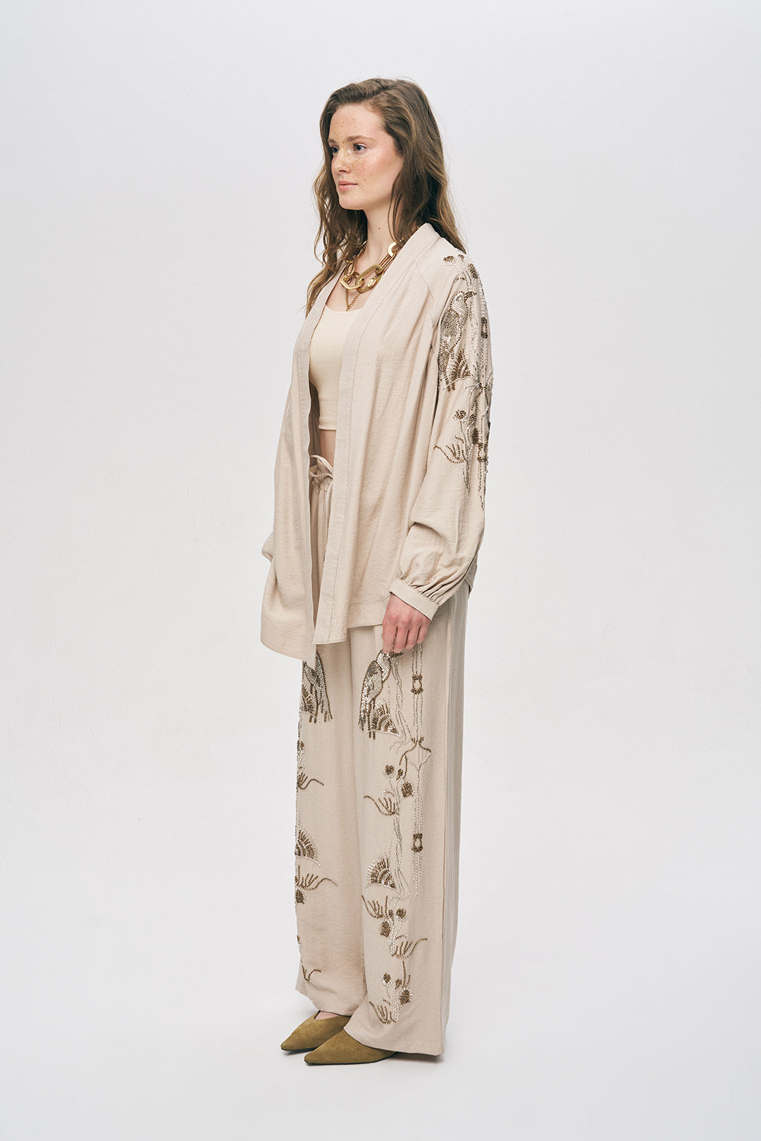 Orfeonegro Kuş ve Çiçek Boncuk İşlemeli Oversize Kimono Açık Bej