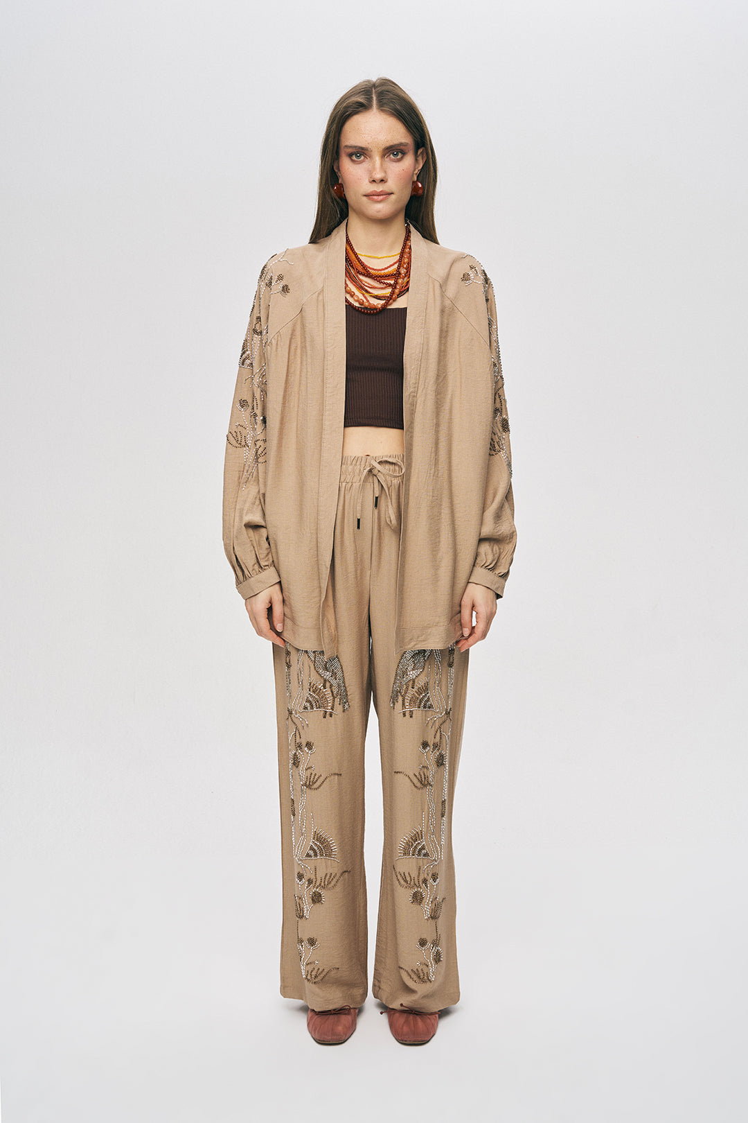 Orfeonegro Kuş ve Çiçek Boncuk İşlemeli Oversize Kimono Bej