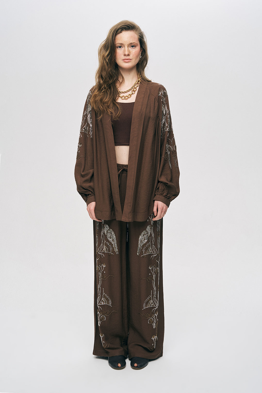Orfeonegro Kuş ve Çiçek Boncuk İşlemeli Oversize Kimono Kahve ORFEONEGRO
