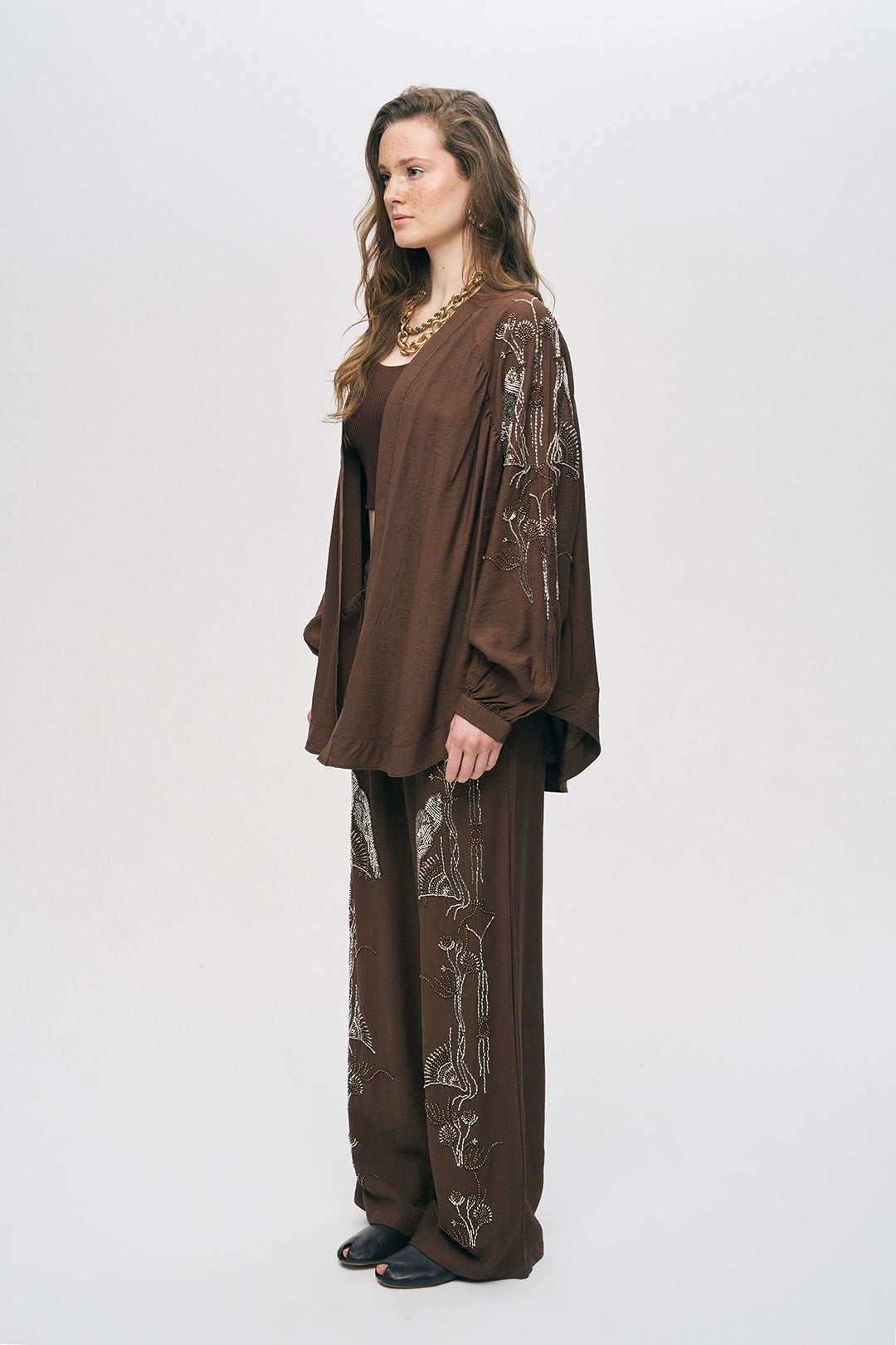 Orfeonegro Kuş ve Çiçek Boncuk İşlemeli Oversize Kimono Kahve