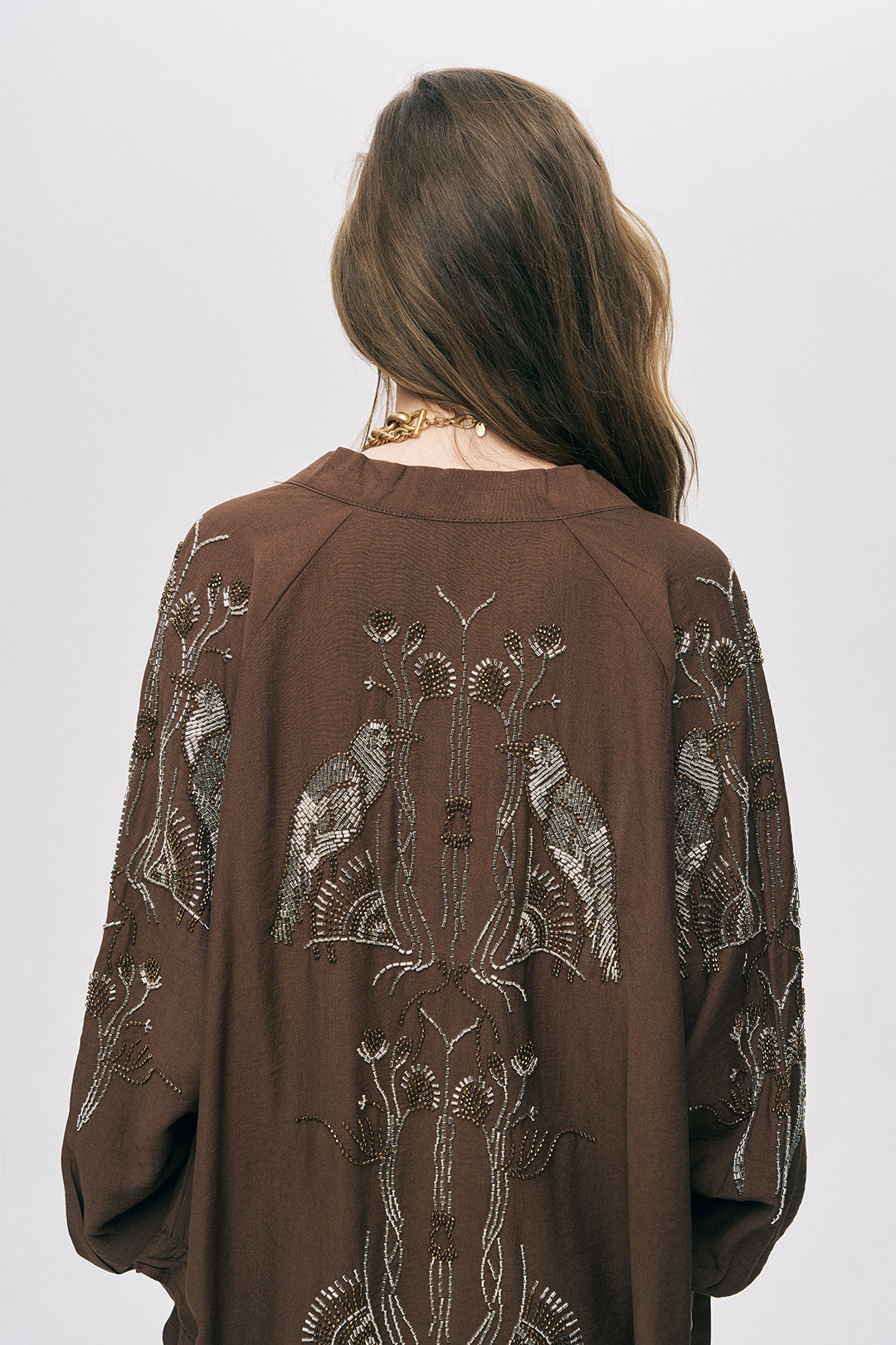 Orfeonegro Kuş ve Çiçek Boncuk İşlemeli Oversize Kimono Kahve ORFEONEGRO