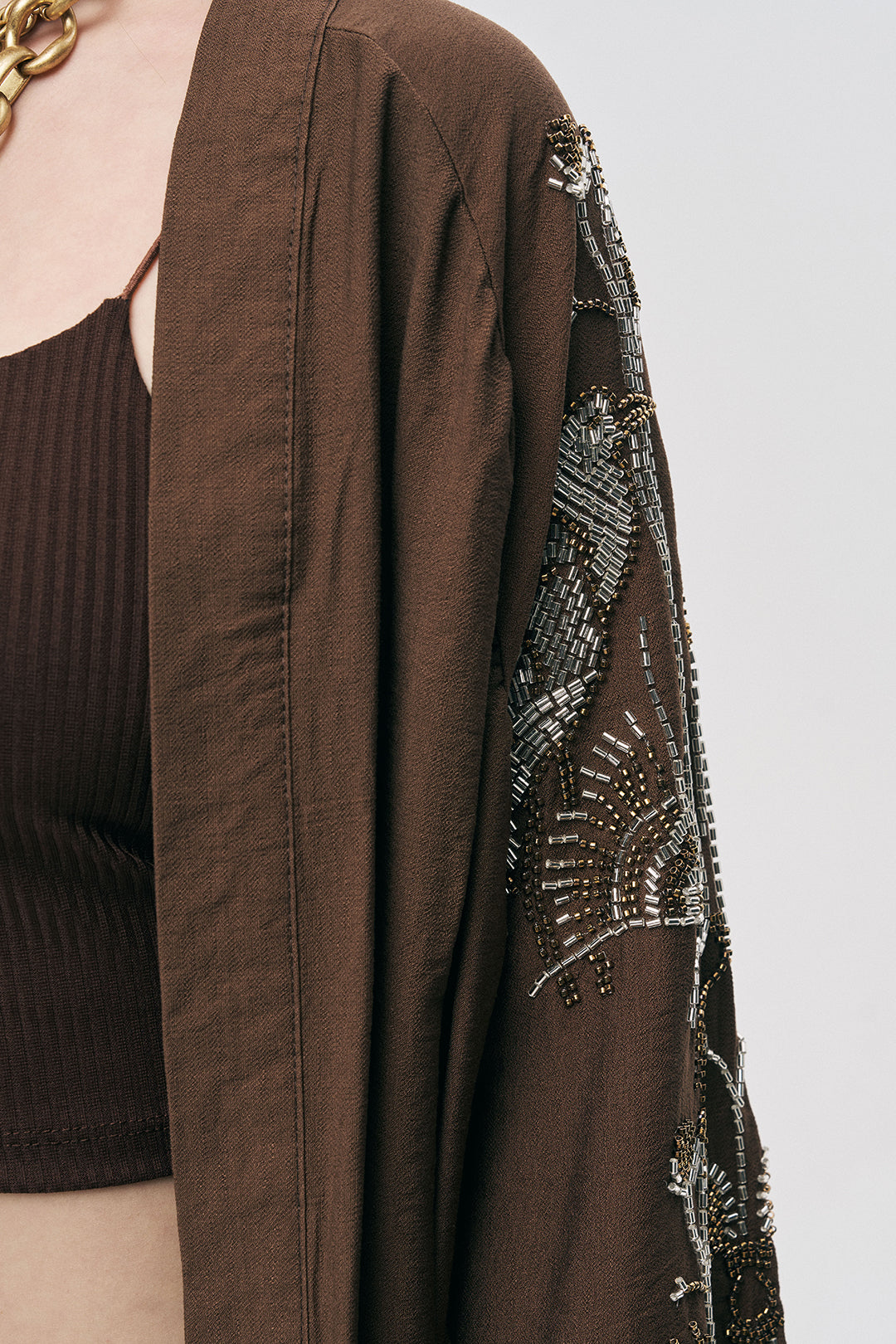 Orfeonegro Kuş ve Çiçek Boncuk İşlemeli Oversize Kimono Kahve ORFEONEGRO