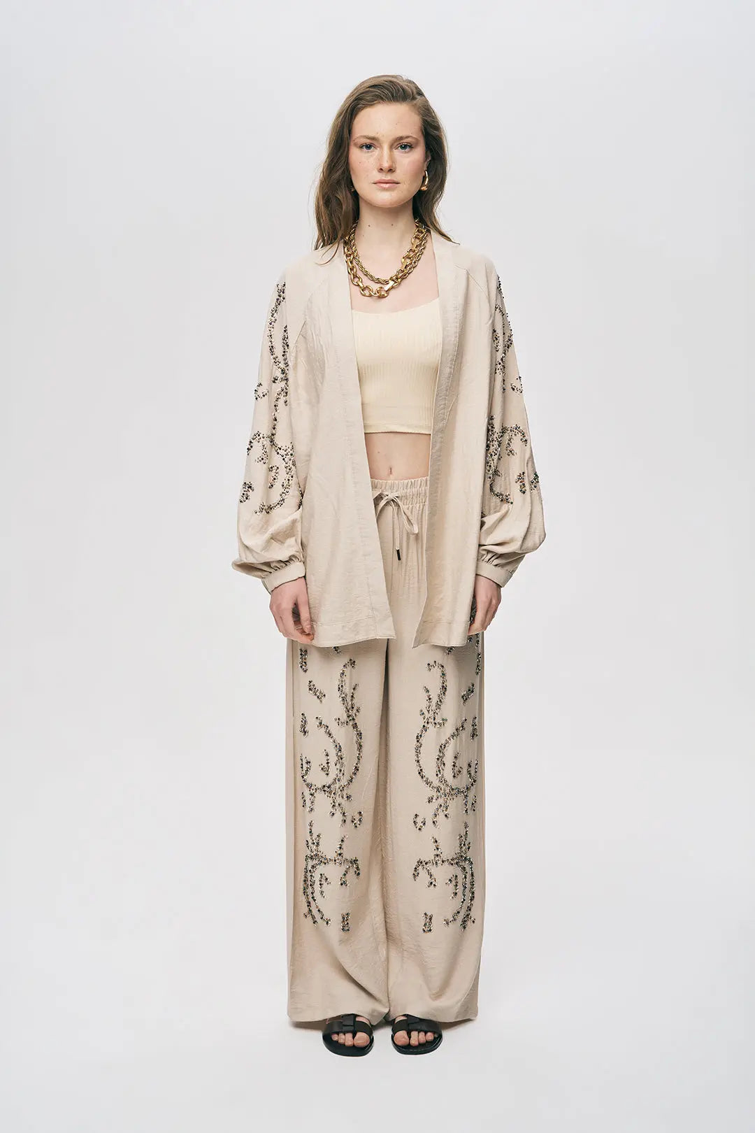 Orfeonegro Boncuk İşlemeli Oversize Kimono Açık Bej ORFEONEGRO
