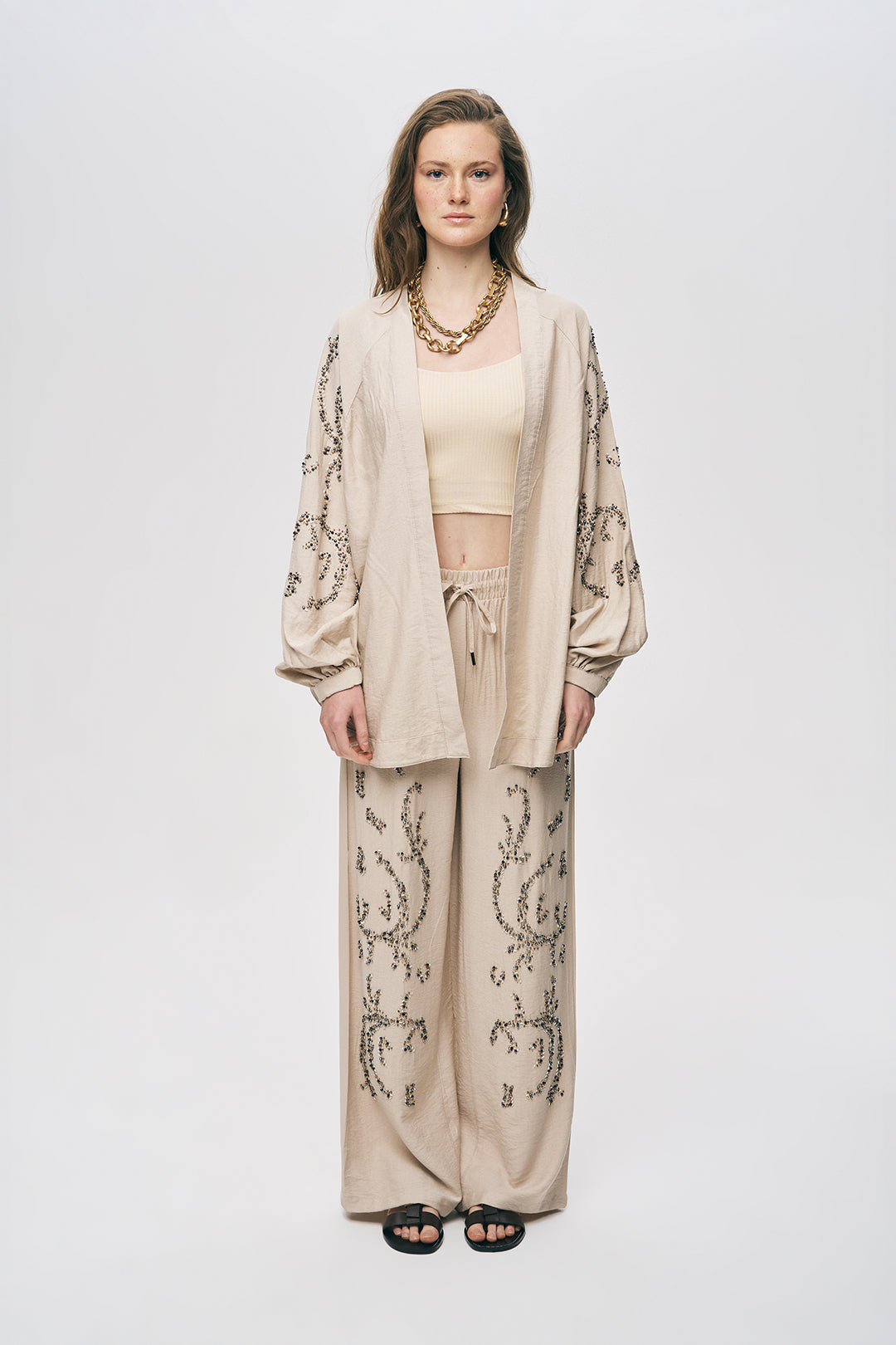 Orfeonegro Boncuk İşlemeli Oversize Kimono Açık Bej