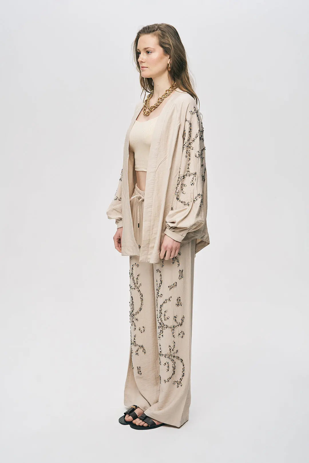 Orfeonegro Boncuk İşlemeli Oversize Kimono Açık Bej ORFEONEGRO
