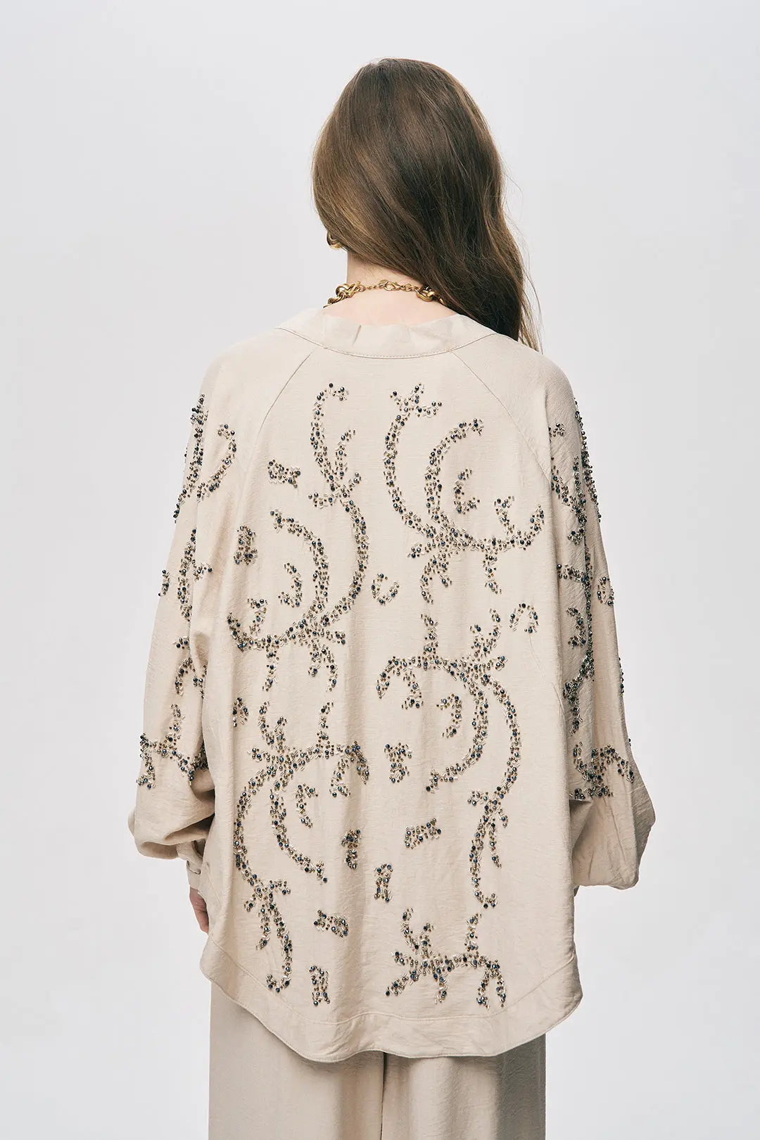 Orfeonegro Boncuk İşlemeli Oversize Kimono Açık Bej ORFEONEGRO