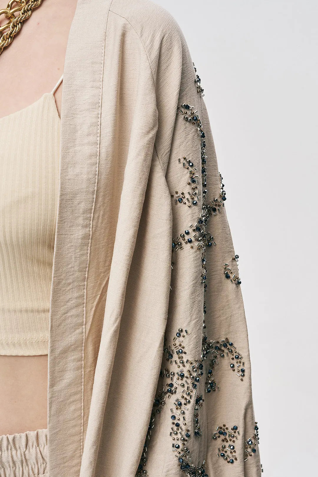 Orfeonegro Boncuk İşlemeli Oversize Kimono Açık Bej ORFEONEGRO