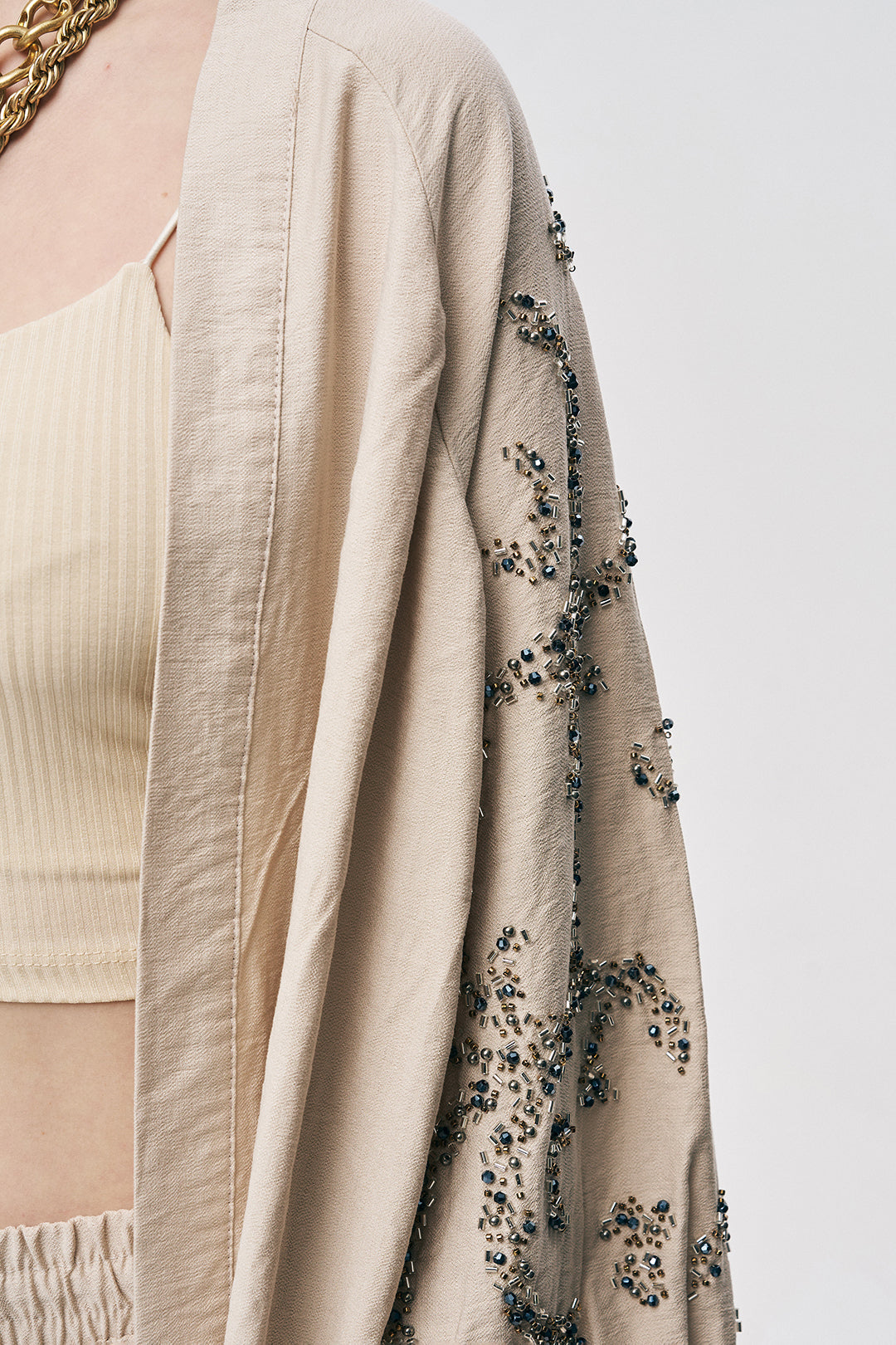 Orfeonegro Boncuk İşlemeli Oversize Kimono Açık Bej